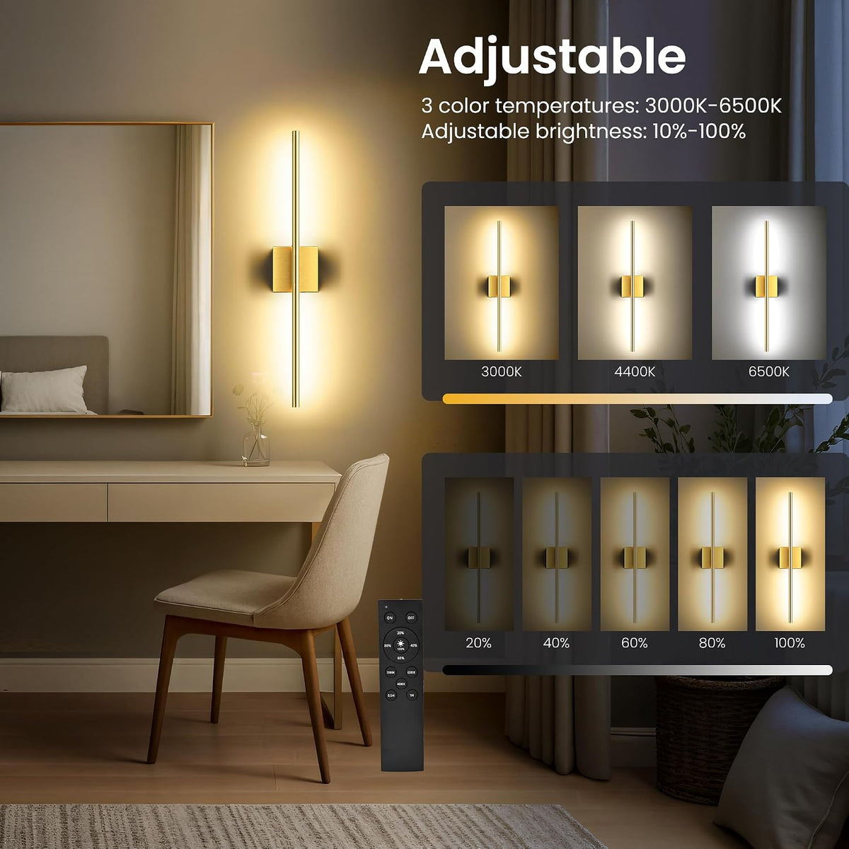 10000mAh Rechargeable Wall Lights, Gold, 29 Inch, 3CCT, 2 Pack | Battery Operated Wall Sconces Set of 2, Remote