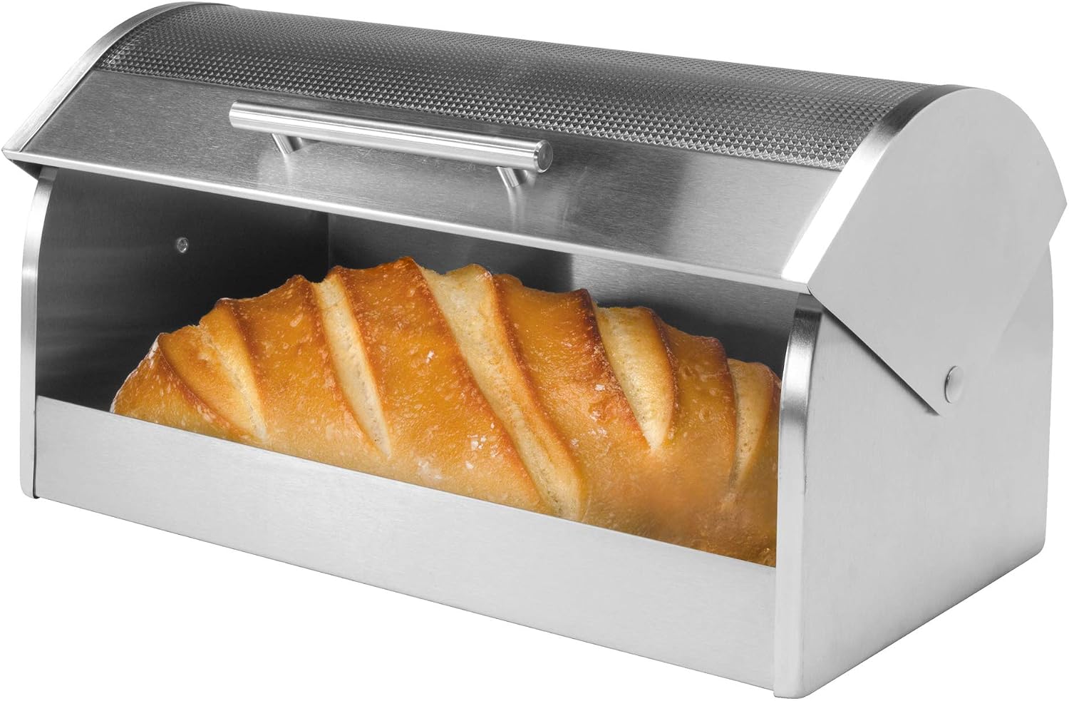 Oggi Stainless Steel Roll Top Bread Box for Kitchen Countertop with Tempered Glass Lid - Fits Multiple Large Loaves of