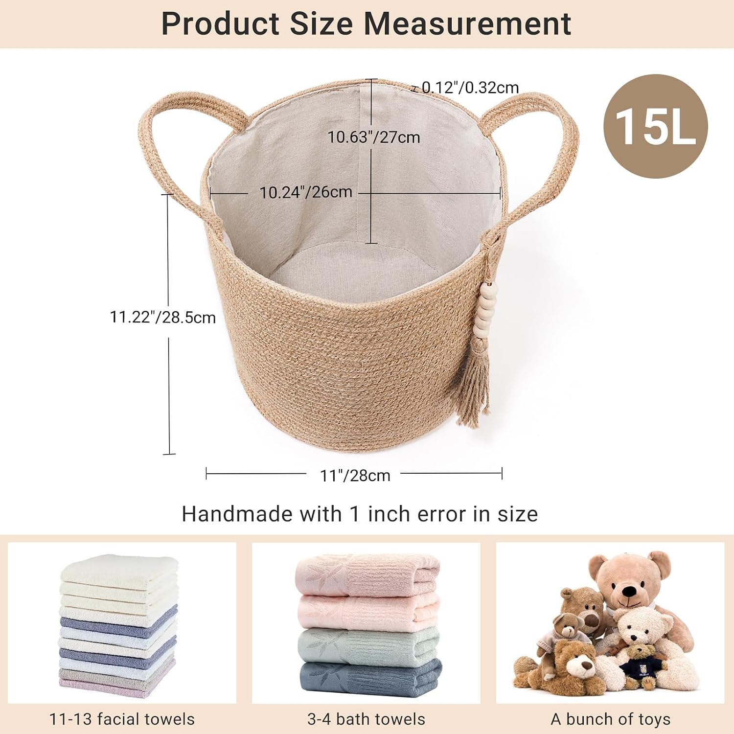 Woven Storage Basket Decorative Natural Rope Basket Wooden Bead Decoration / Brown / 11"W x 11"L