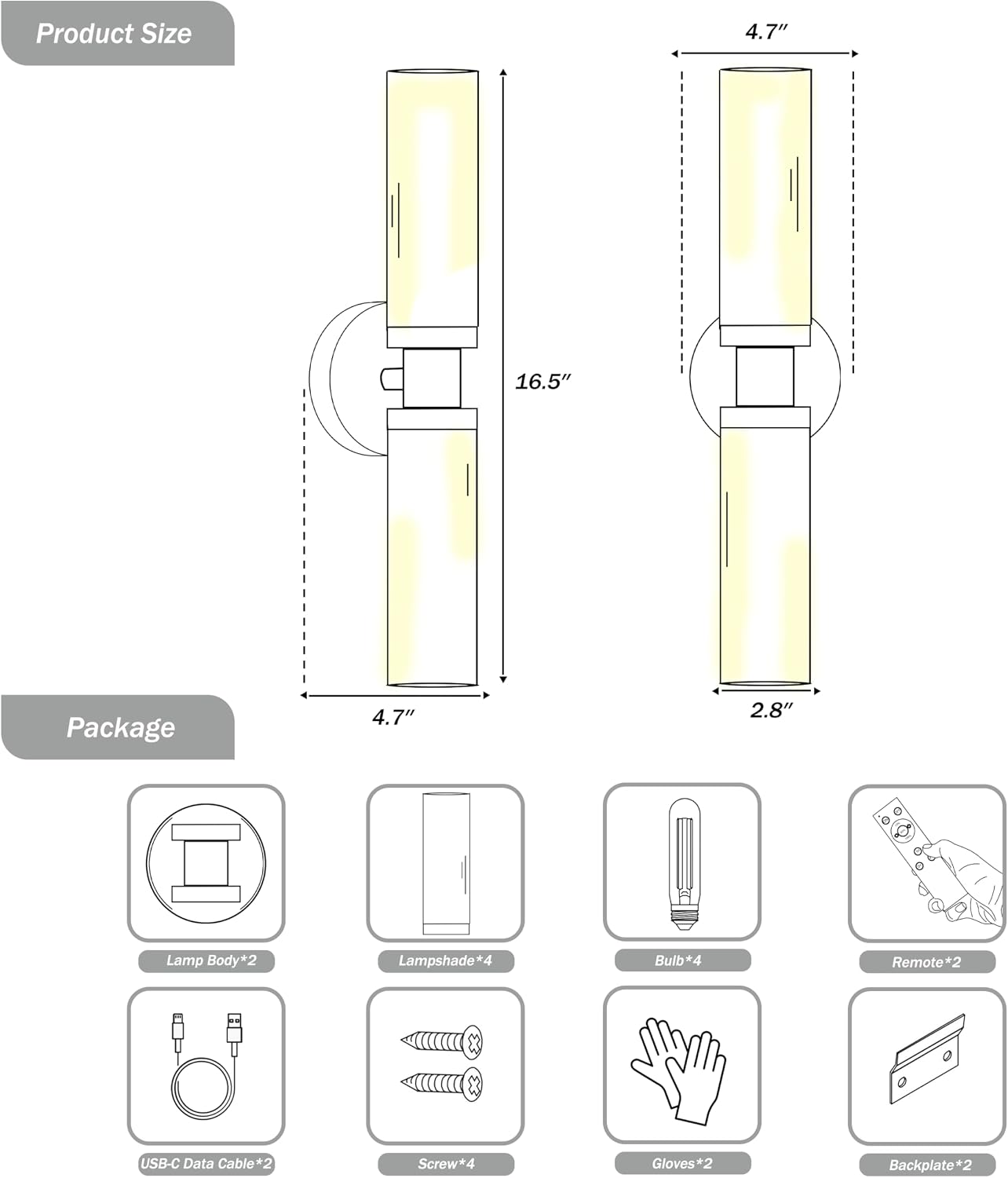 Rayogale Black Wireless Battery Operated Wall Sconce with Remote Control | Dimmable Rechargeable Wall Lights Set of 2