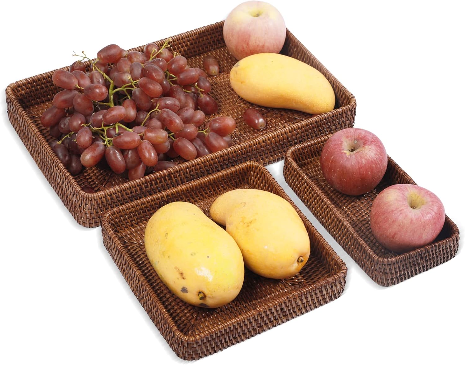 Rattan Tray / Rectangular Woven Tray / Dark Brown / Set of 3