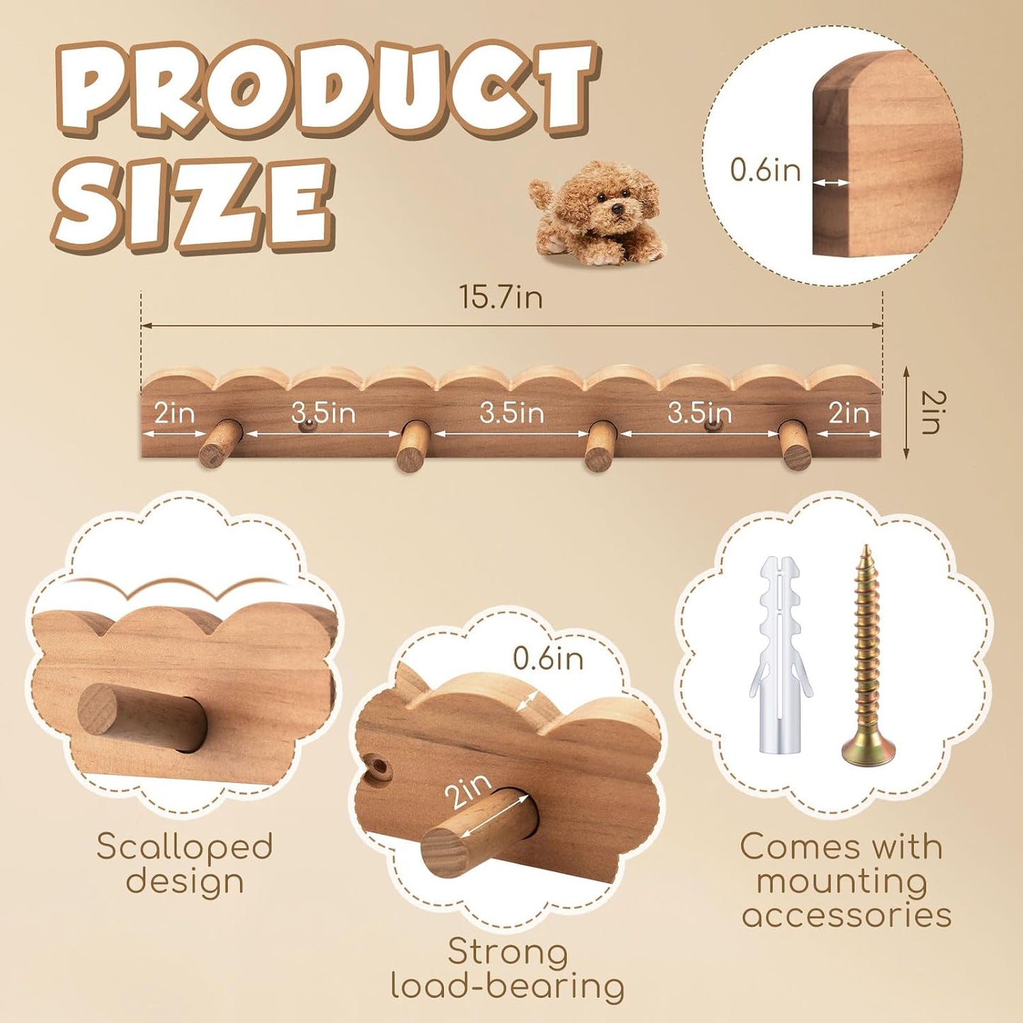 Scalloped Coat Rack Wall Mount Nursery Wall Hook 8 / Wood / 16 Inch 8 Hook / 16 Inch / Set of 2