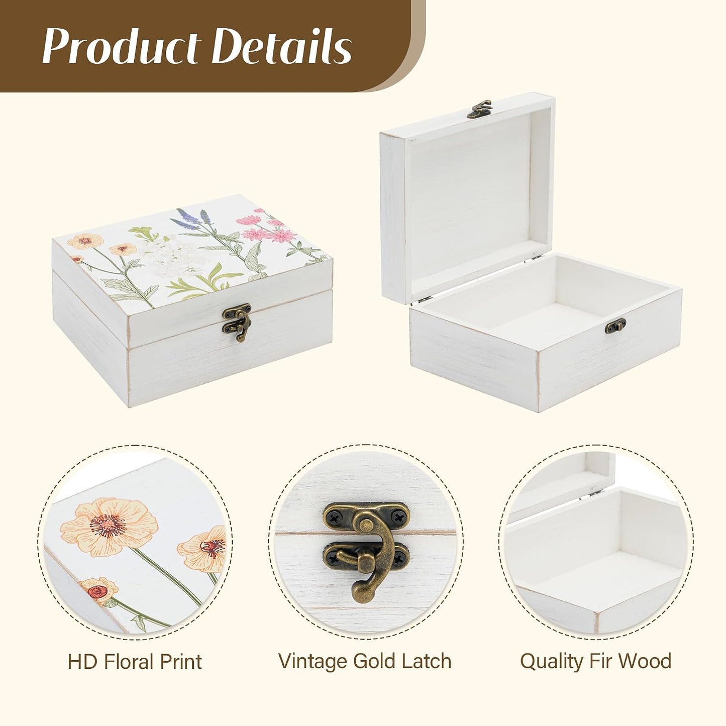 Hinged Lid Wooden Handmade Keepsake Storage Box Floral Printed Jewelry Box Rustic Trinket Box