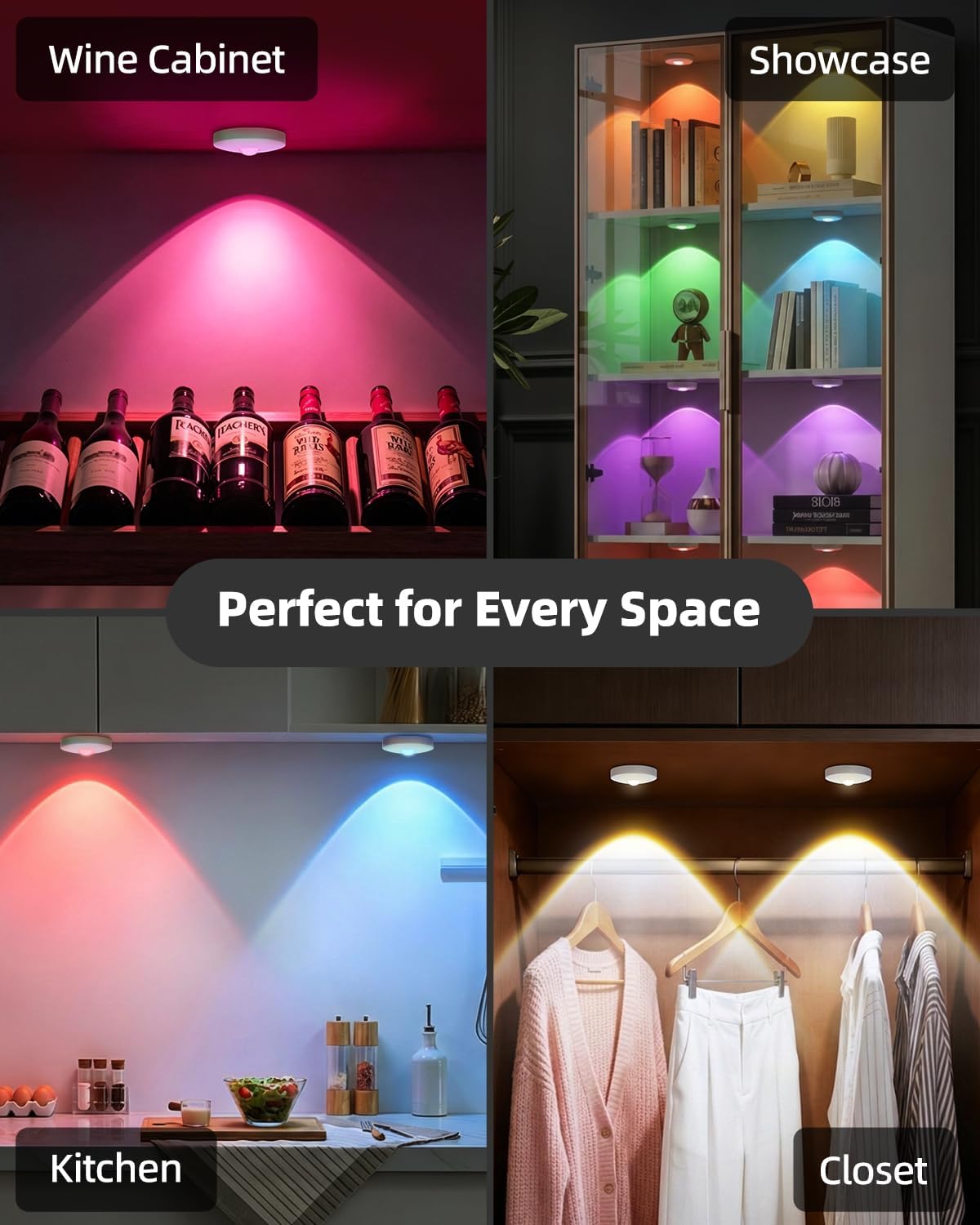 RGB Rechargeable Puck Lights with Remote Control, 1500mAh Battery Operated Tap Lights, Dimmer & Timer Under Cabinet
