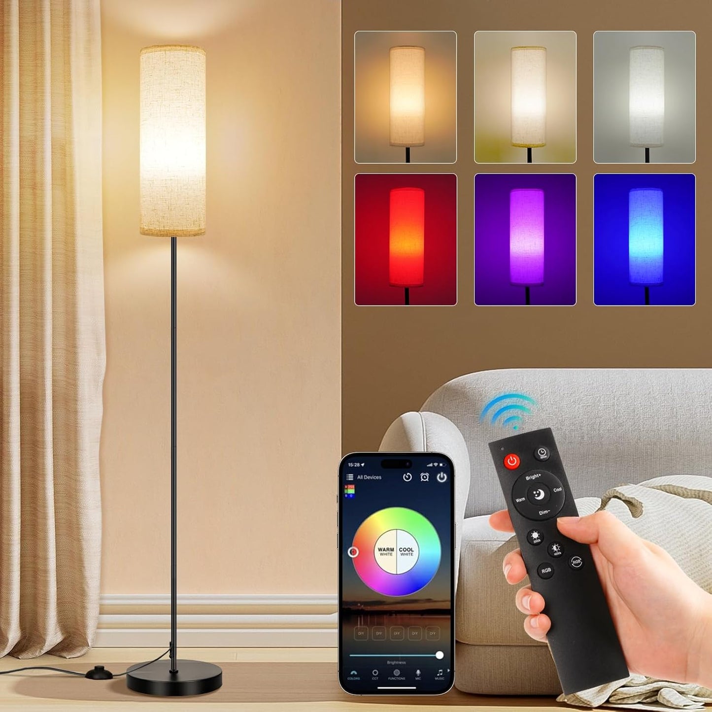 Ambimall 60" Floor Lamp for Living Room with 3 Color Temperatures, Gold Standing Lamp with White Marble Base, Modern