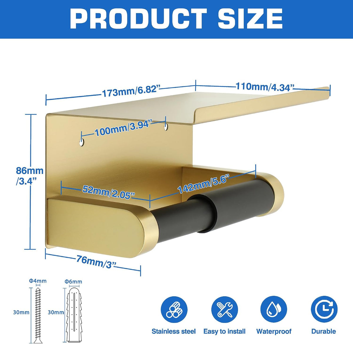 Alise Toilet Paper Holder with Shelf Wall Mount Adhesive or Screw in,Gold | SUS304 Stainless Steel Toilet Paper Roll