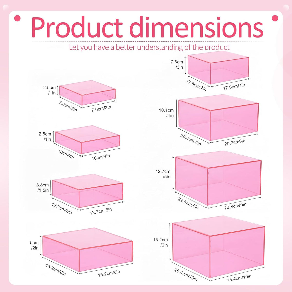 8 Pack Acrylic Buffet Display Risers for Food Jewelry,Pink,Flat | 3-10 Inch Cube Boxes with Hollow Bottoms, Clear