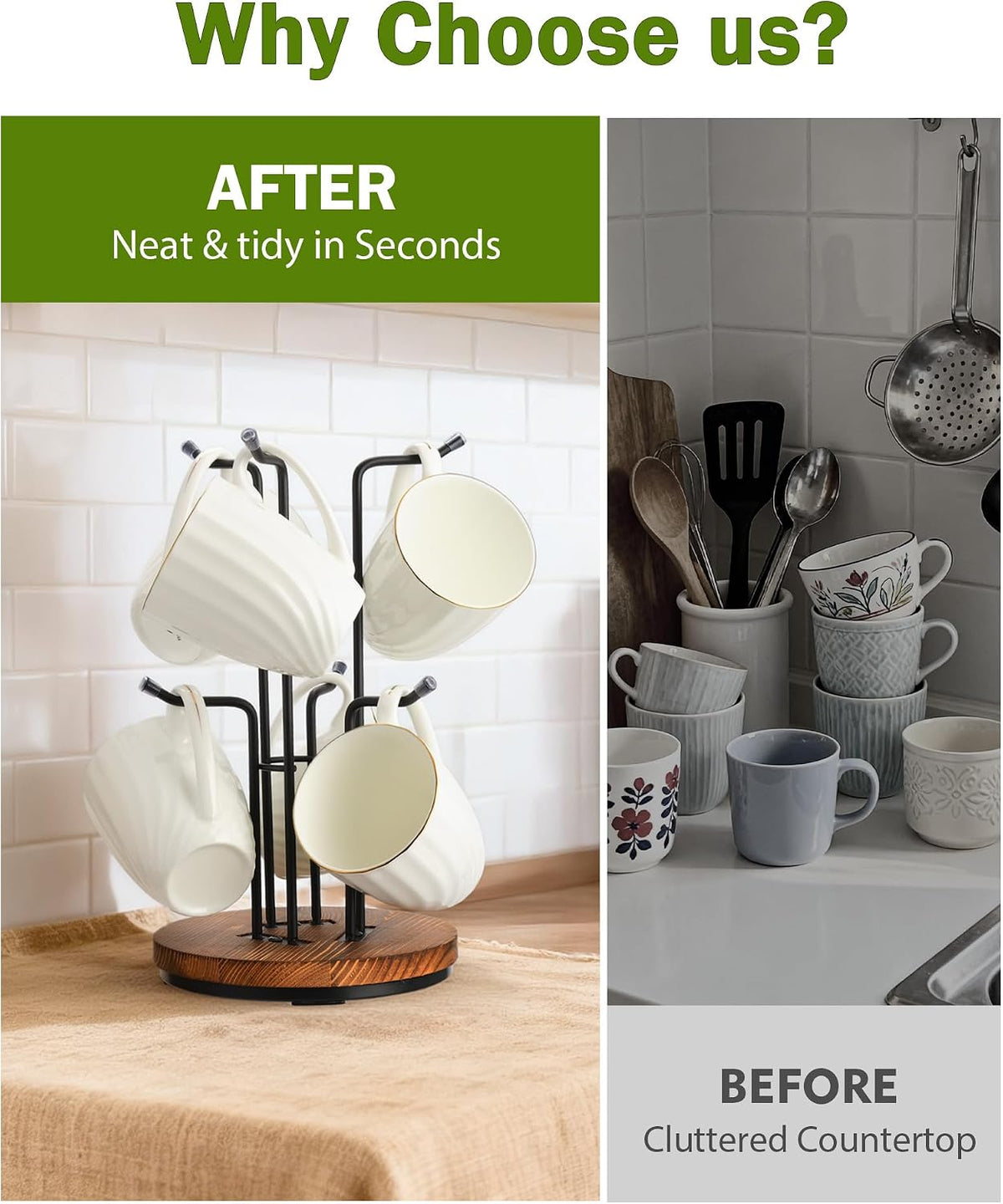 Rotating Large Mug Tree for Counter, Coffee Mug Holder, 6 Hooks | Cup Holder Stand for Countertop, Metal Rack &