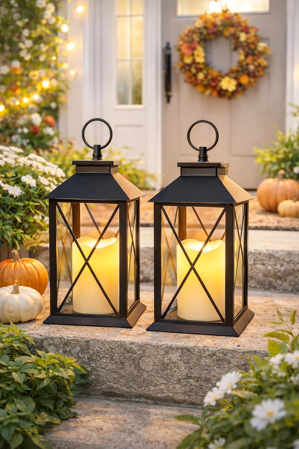 Black Decorative Lantern Set of 2 with LED Candle – Lighted Lanterns with Cross Bar Design, 4 Hour Timer, Indoor