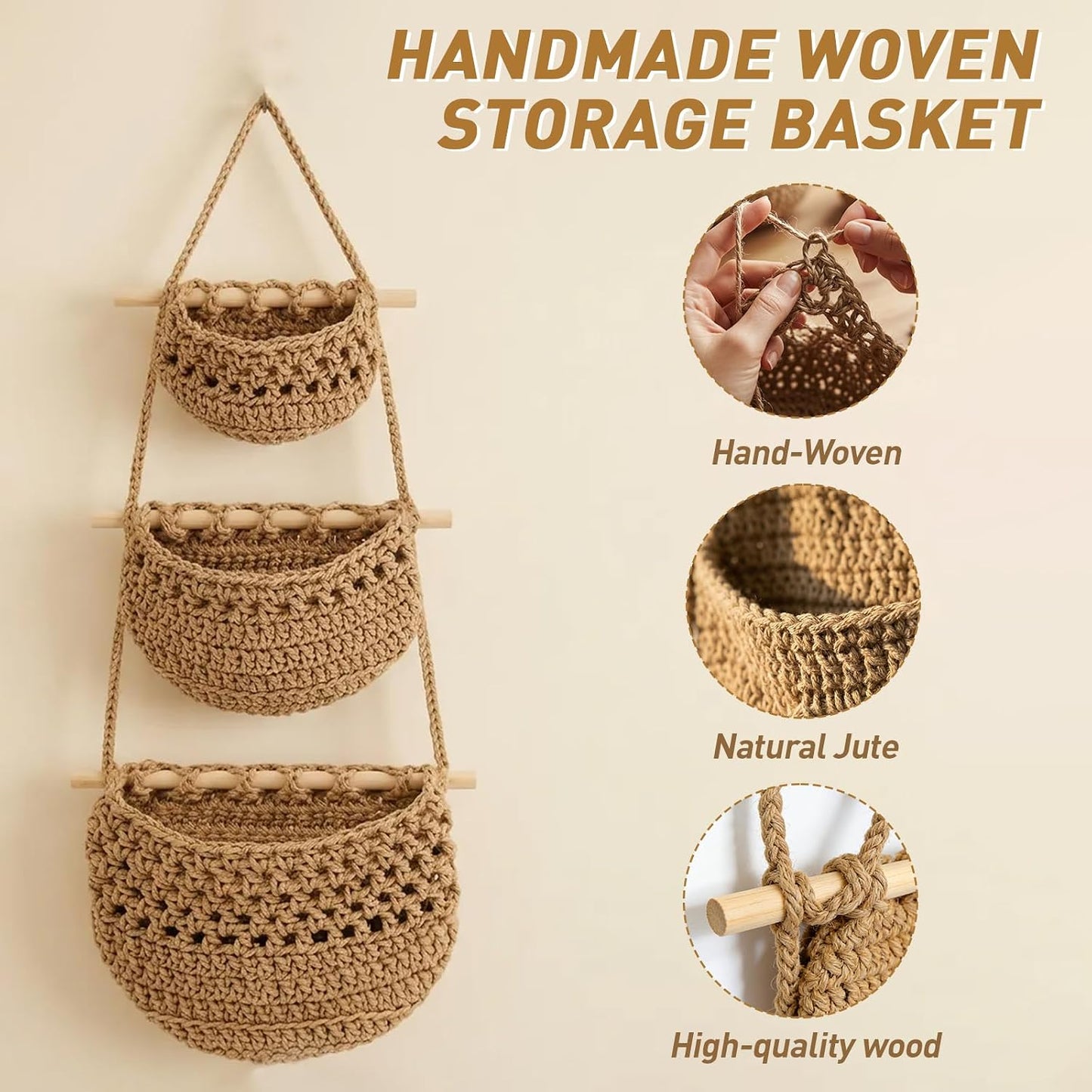 3 Tier Cotton Woven Wall Basket / Beige / 32 Inch