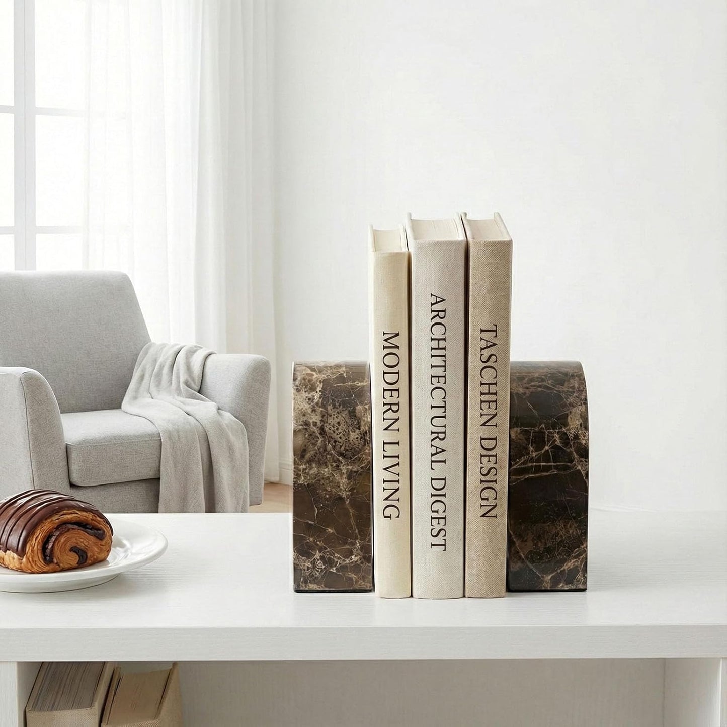 Marble Bookends / Unique Brown Arched Book Ends / Natural / Set of 2