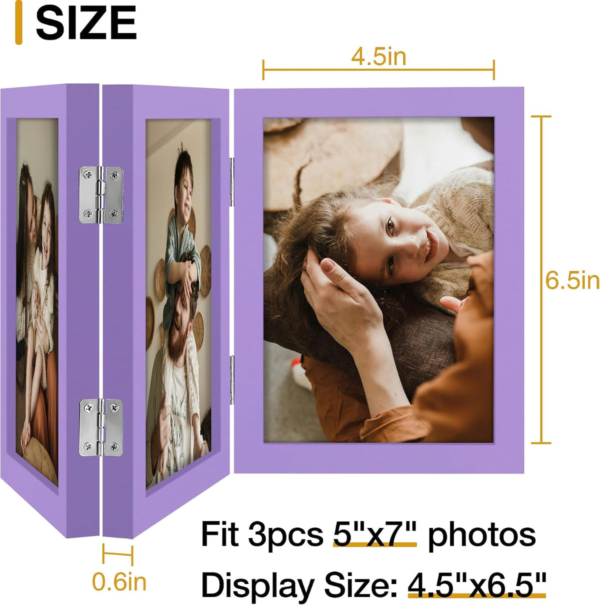 decorUhome Purple Triple 5x7 Picture Frame Vertical, MDPP08 | "Z" Shape Folding Design Engineered Wood Trifold Photo