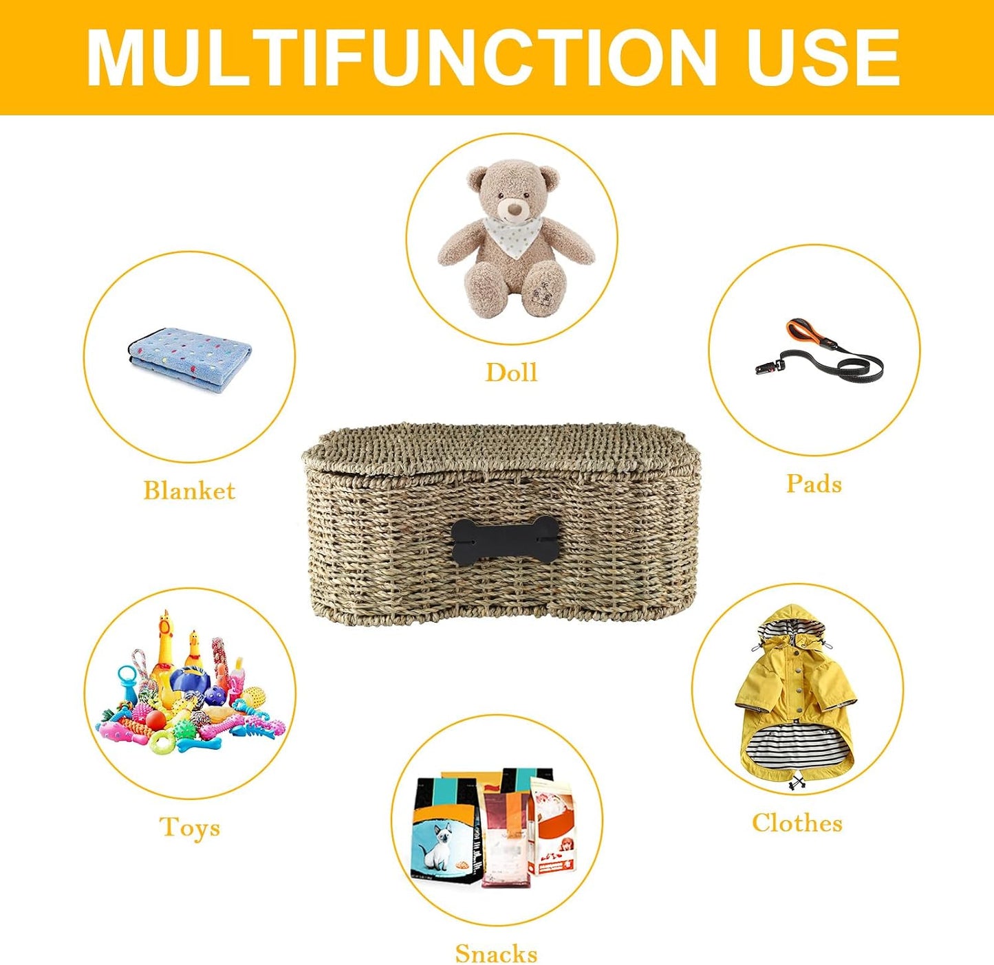 Seagrass Wicker Baskets for Dog Toys / with Lid