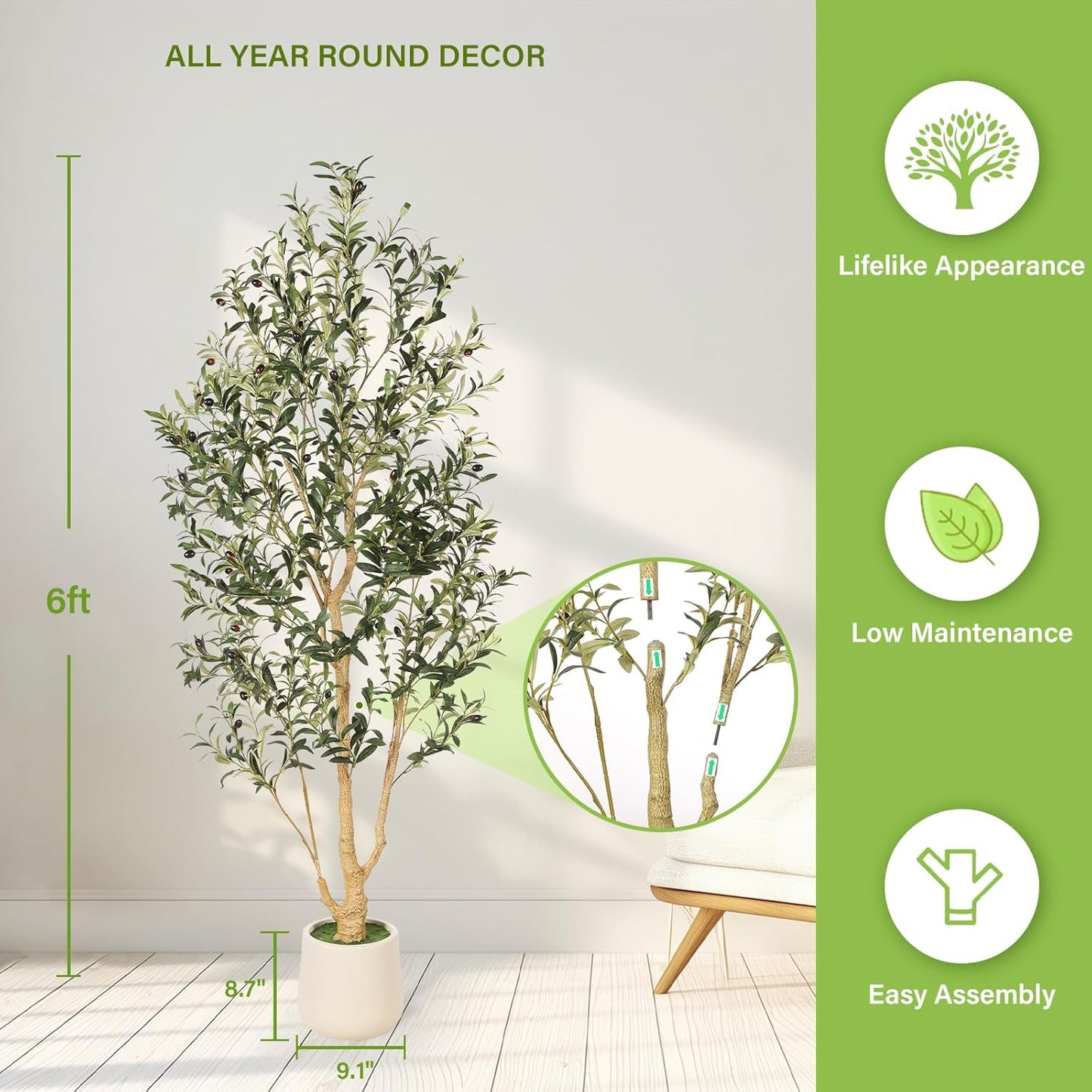 Planter Faux Olive Tree / 6ft / 6 Inch