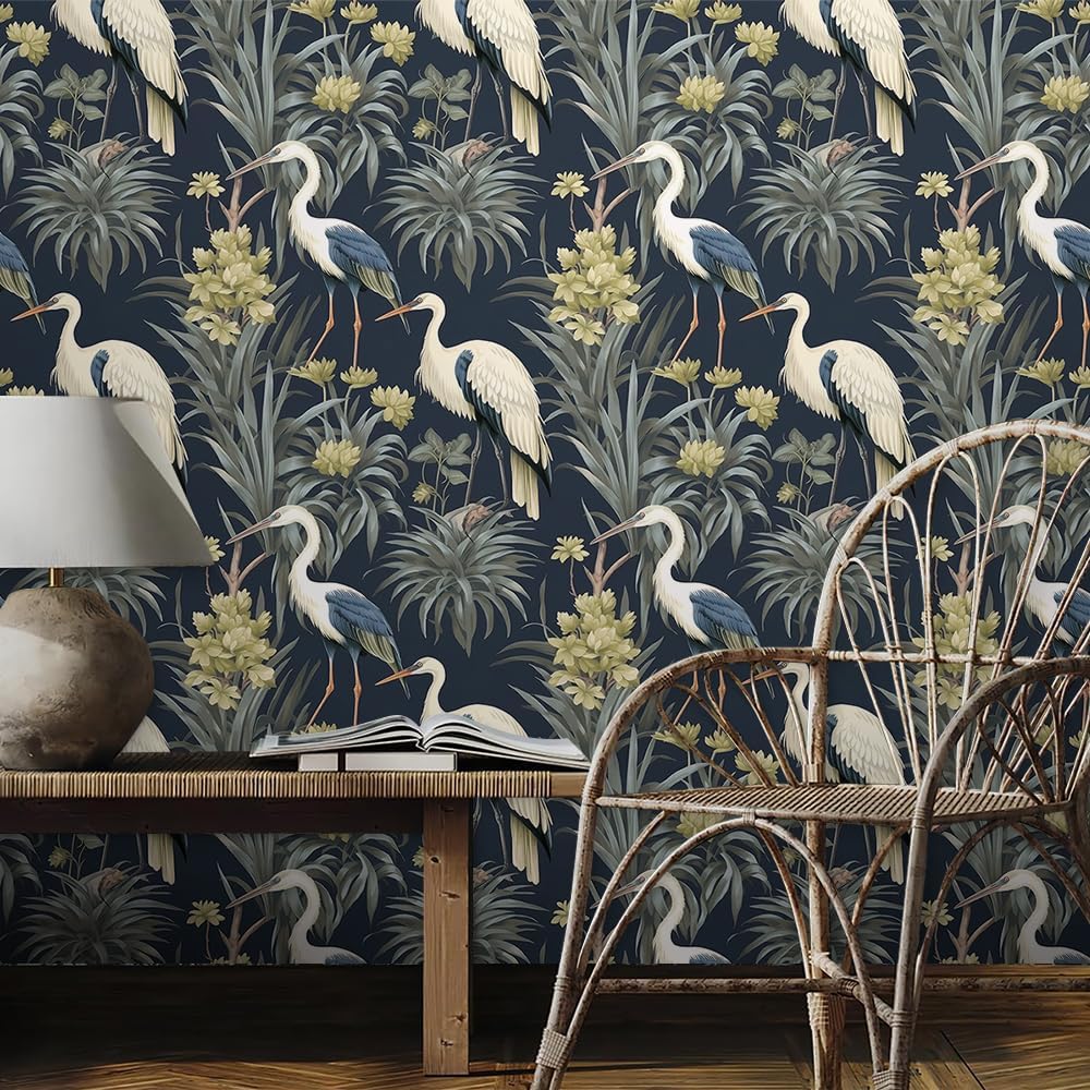 Abstract Modern Crane Birds Tropical Plants Peel and Stick Wallpaper Vintage Wall Paper Stick