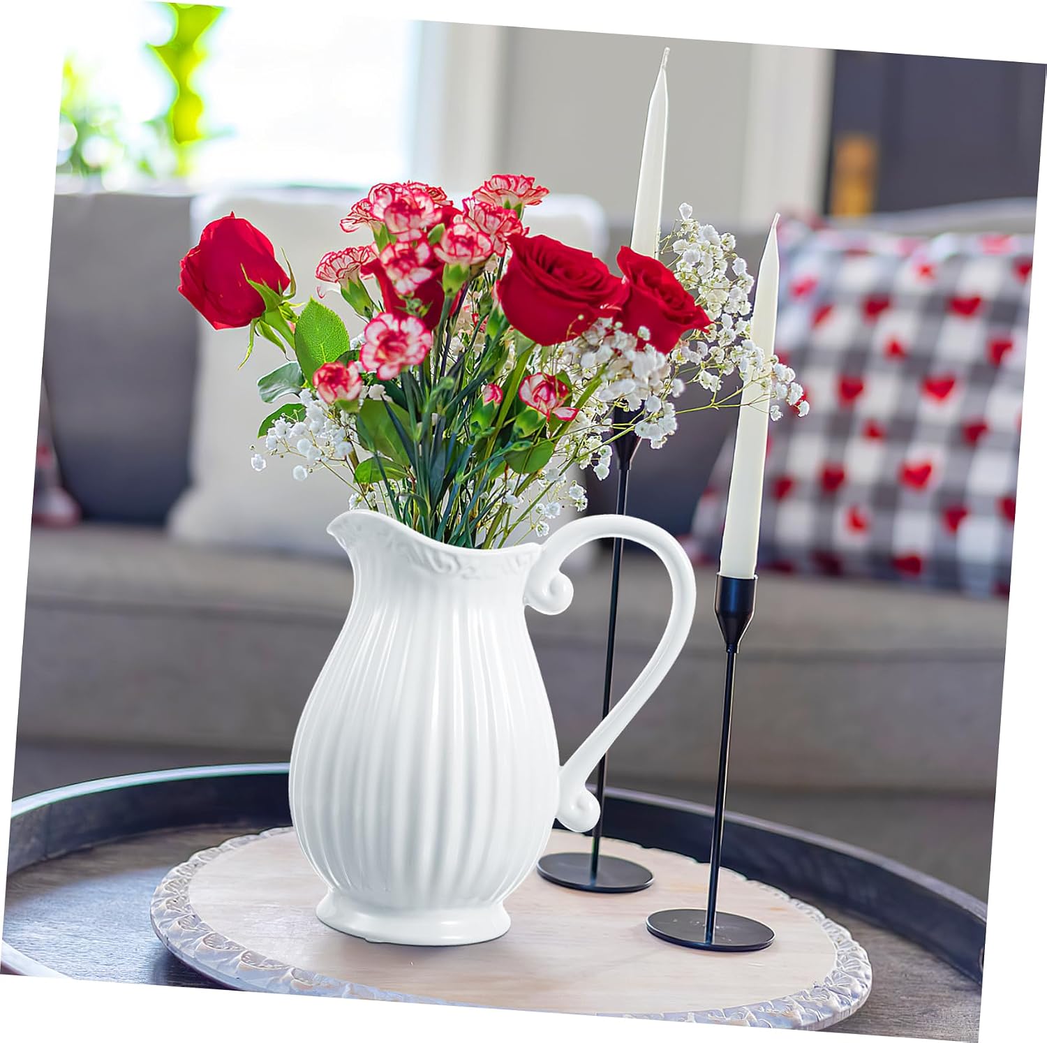 Ceramic Pitcher Vase Striped Porcelain Flower Pot Decorative Dried Flower Vase / 7.87 x 6.69 x 3.14