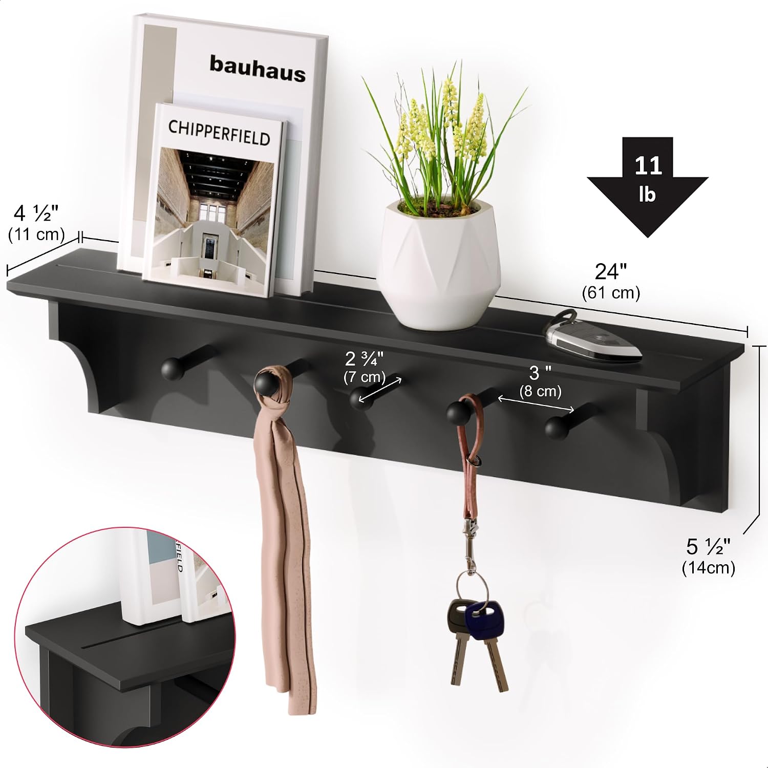 Ballucci Floating Coat and Hat Wall Shelf Rack, 5 Pegs Hook, 24", Black