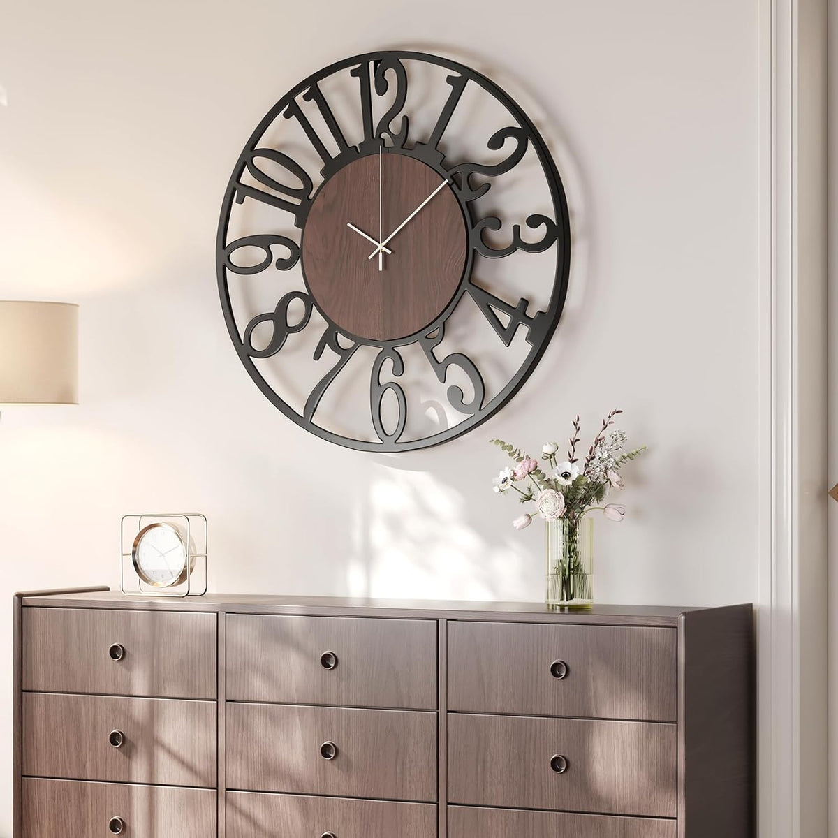 Cuspin Large Wall Clock for Living Room, 24 Inch Wood Metal Farmhouse Clock | Battery operated, Silent non ticking