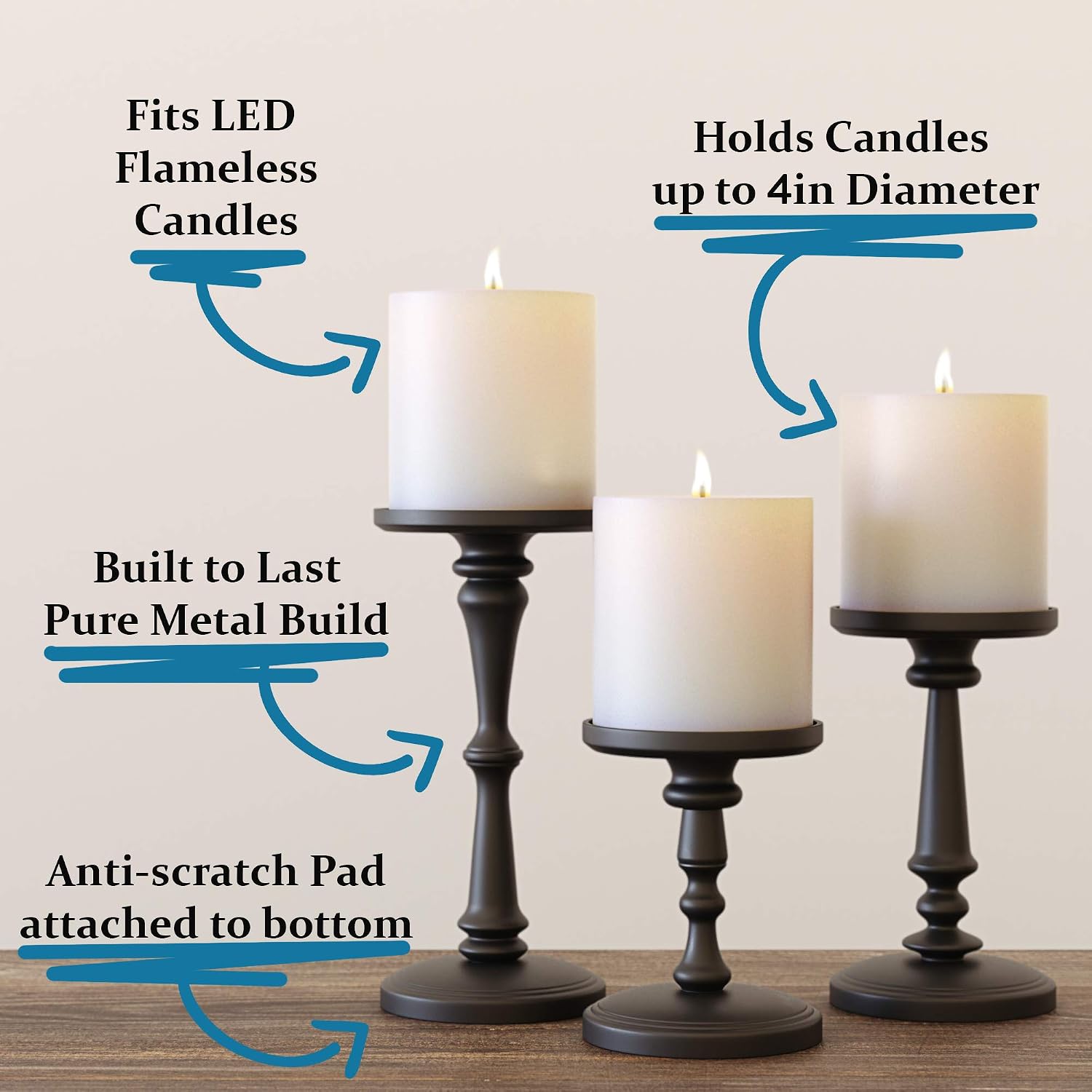 Candle Holders Set of 3 Matte Black, 6, 8,10" Tall Metal for Pillar Candles | Pure Metal Build, Set of 3, Holds Candles