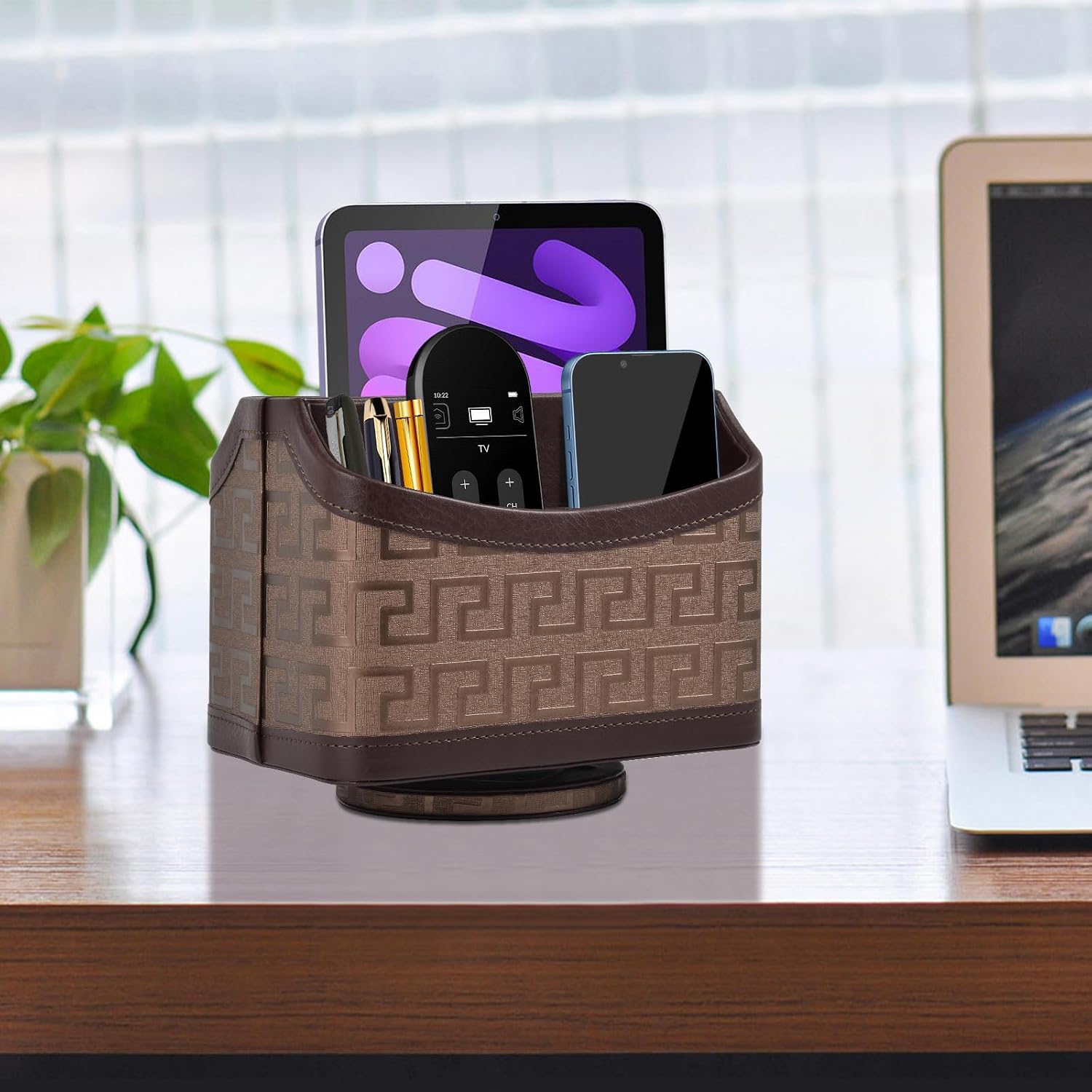 Leather Remote Control Holder 360°Rotatable / Coffee Gold