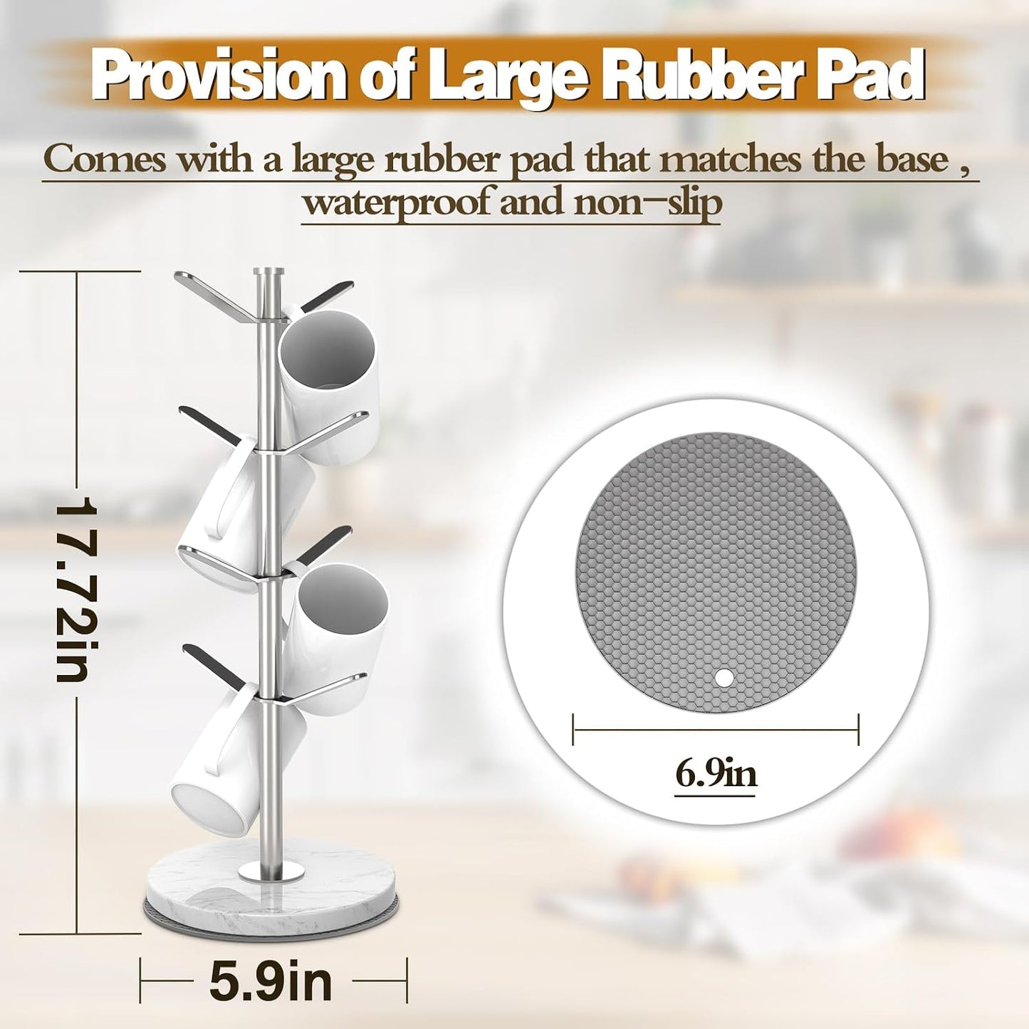 Silver Marble Mug Holder Tree with 2–8 Adjustable Hooks | Detachable Stainless Steel Coffee Cup Stand with Modular