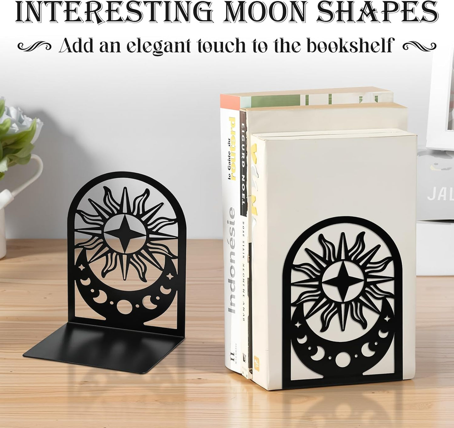 Metal Bookends / Bookend / Moon Phase / Black / Set of 2