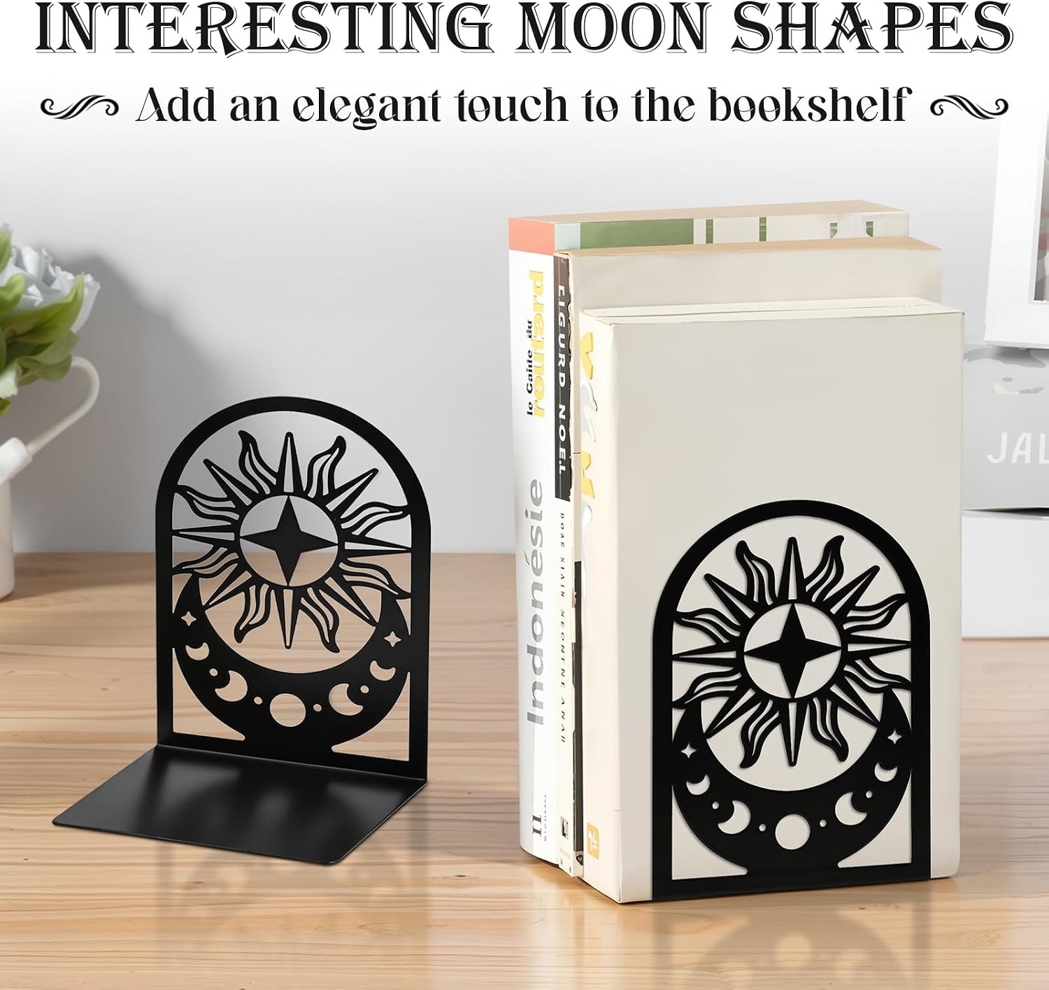 Metal Bookends / Bookend / Moon Phase / Black / Set of 2