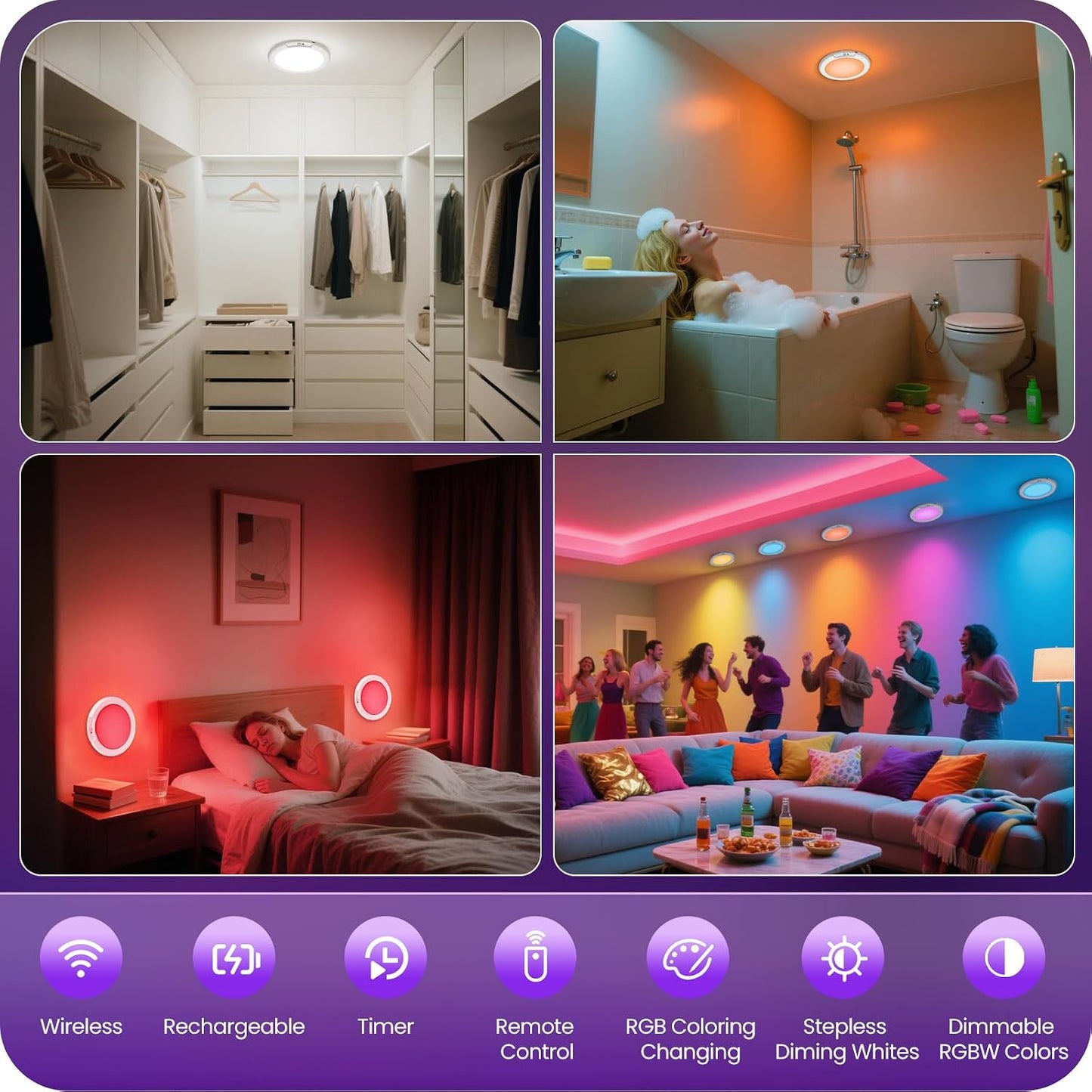 2 Pack Motion Sensor Rechargeable Shower Lights with Remote, RGBW Battery Operated Ceiling Light, Wireless, Color