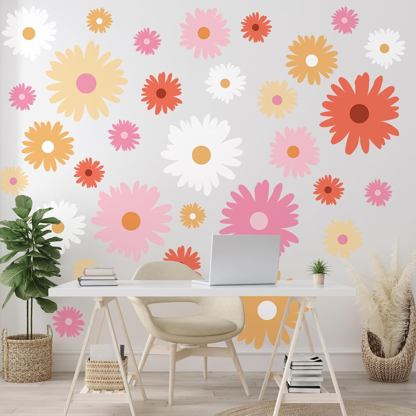 12 Sheet Daisy Wall Sticker Decal Removable Daisy Bedroom Room / Artsy Style / Bright Color / Pink