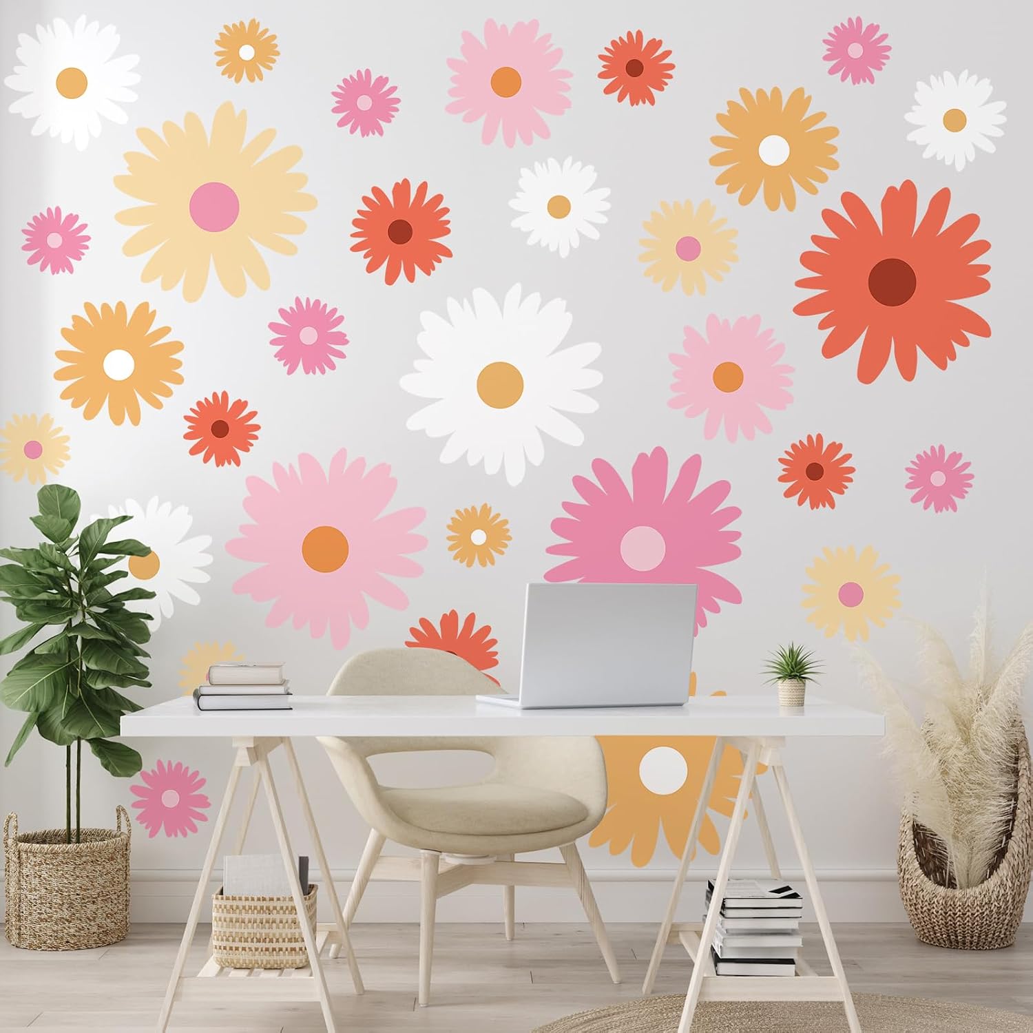 12 Sheet Daisy Wall Sticker Decal Removable Daisy Bedroom Room / Artsy Style / Bright Color / Pink