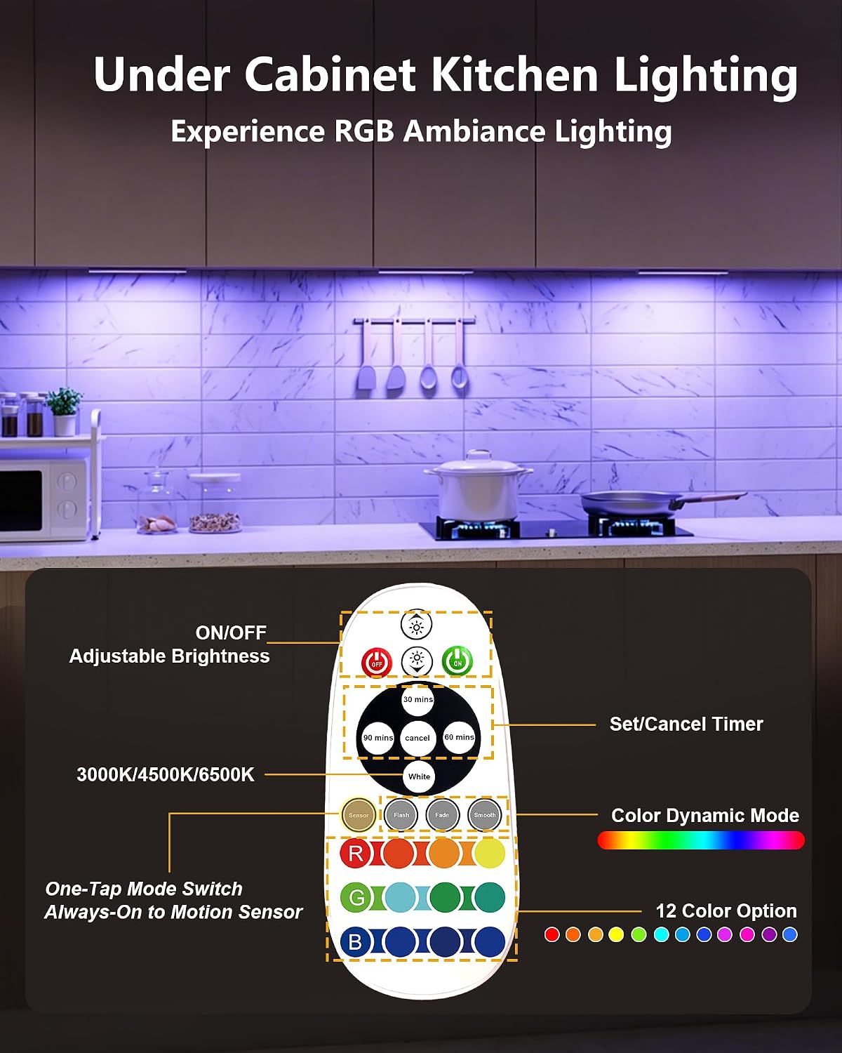SZOKLED 58-LED Motion Sensor Under Cabinet Lights Wireless, RGB Closet Light Night Lights Remote, Rechargeable Under