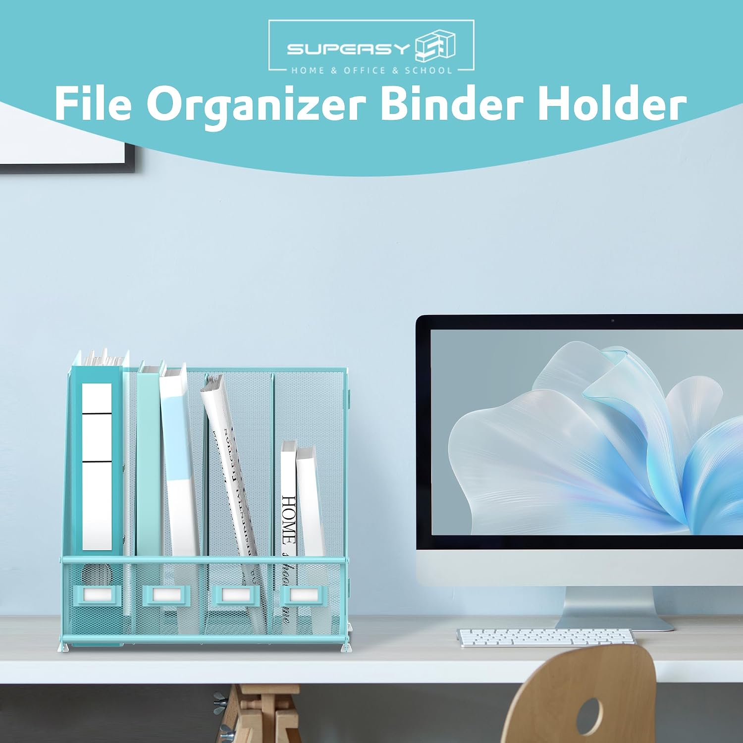4-Compartment Magazine File Holder and File Organizer for Desk, Blue | Metal Magazine Holder and Magazine File Holder