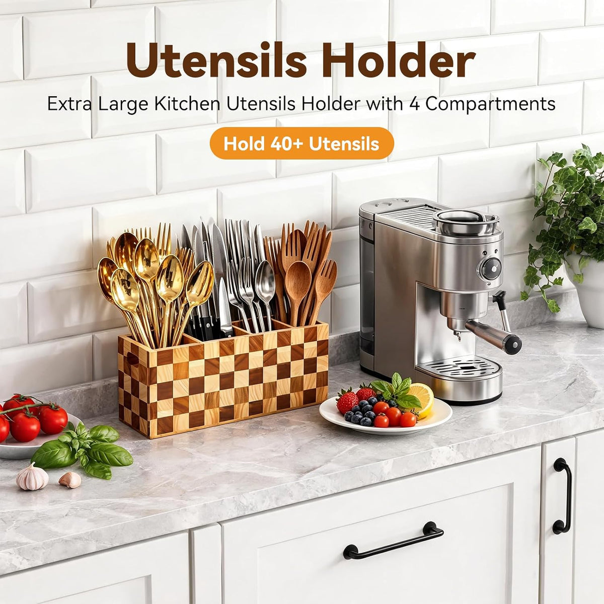 Wooden Utensil Holder, 4 Compartment Kitchen Countertop Organizer Crock | Acacia Wood Kitchen Utensil Holder with 3