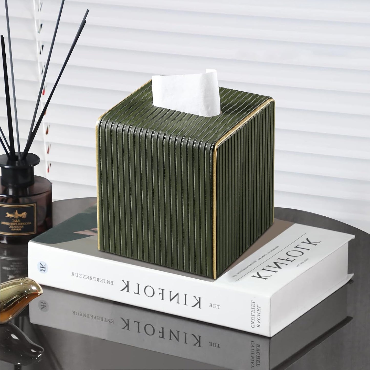 PU Leather Tissue Box Cover Square Tissue Box Holder / Green Fluted
