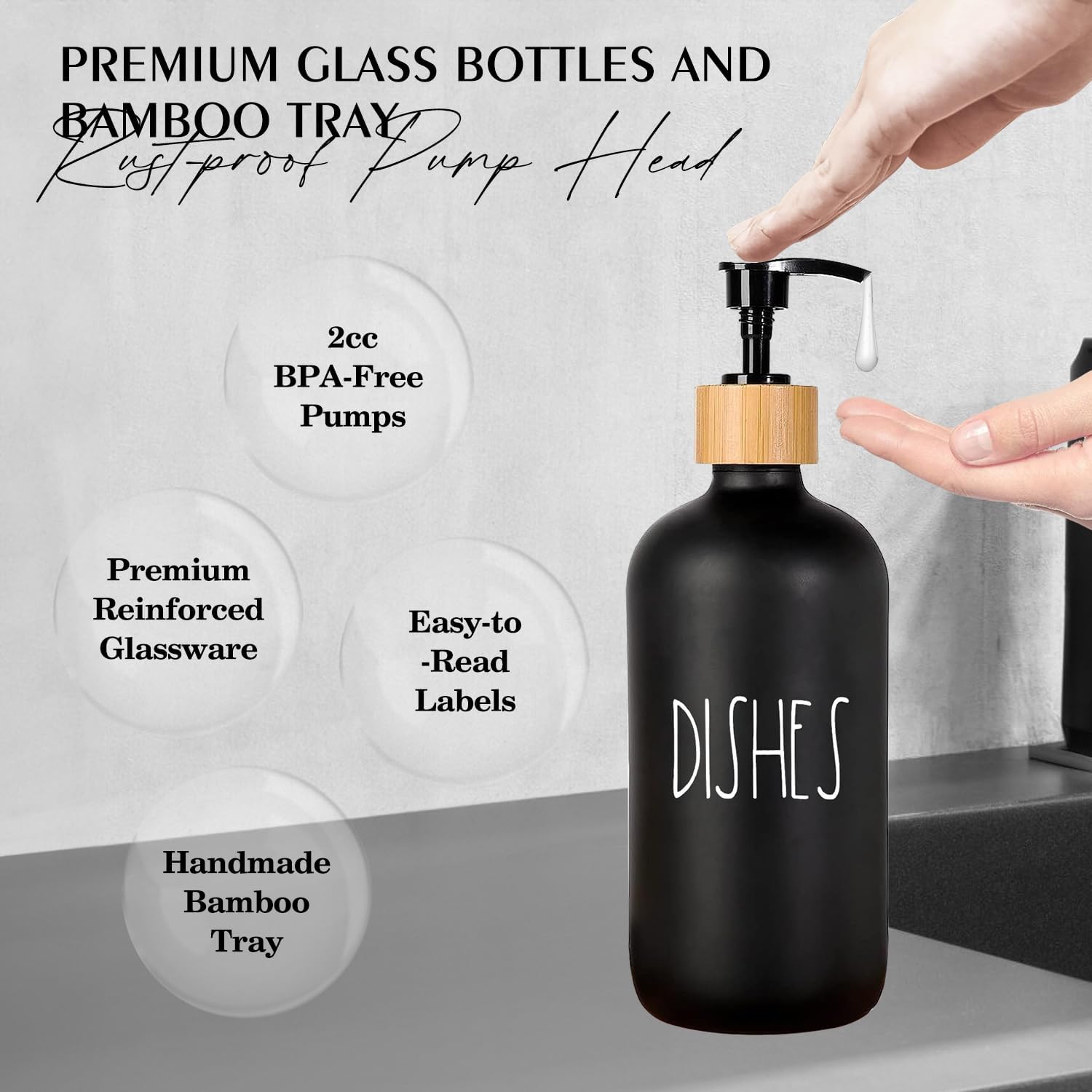 Arktek Glass Soap Dispenser Set with Tray, 2 Pack Hand and Dish Soap Dispenser Set for Bathroom and Kitchen Bottle