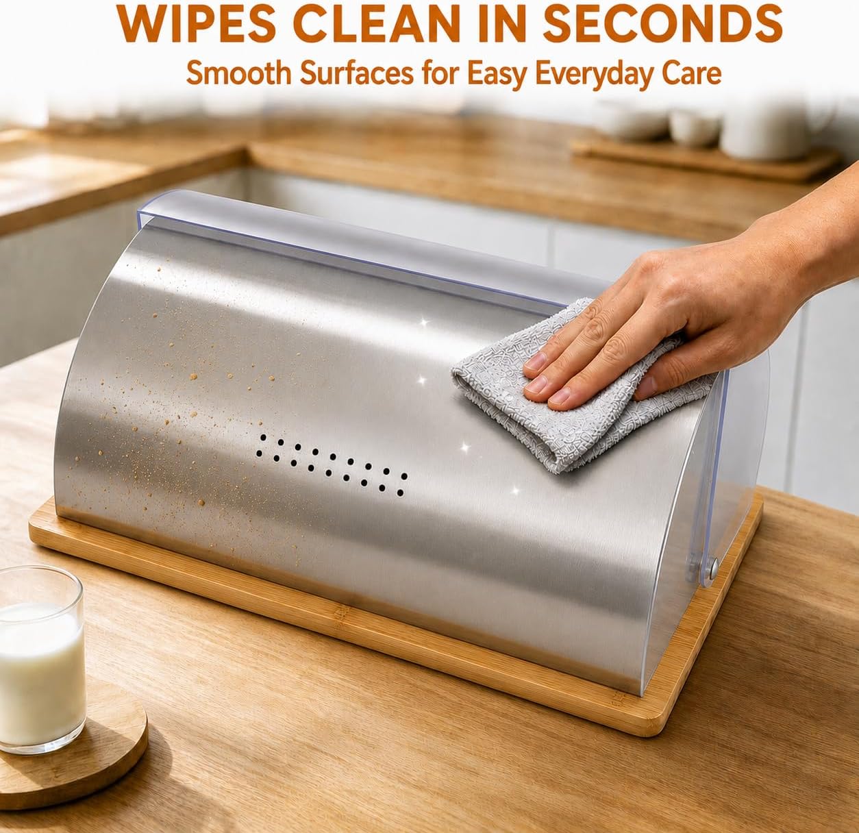 Bread Box for Kitchen Countertop, Modern Stainless Steel Roll-Top L | Clear Acrylic Viewing Door with Frosted Pattern