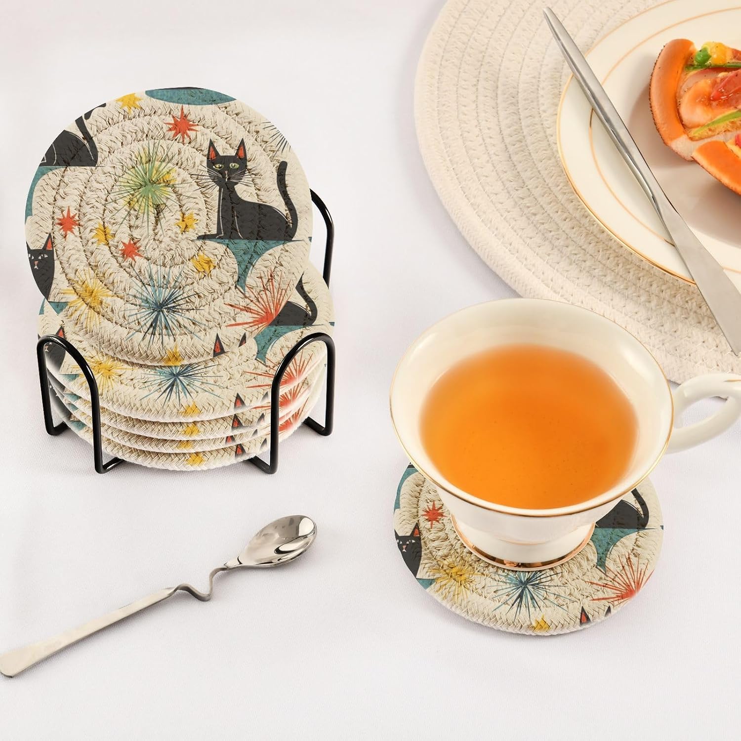 Holder / 1950s Mid Century Modern Atomic Cats Pattern Round Cup Mat / Multi 3 / Black / Set of 6