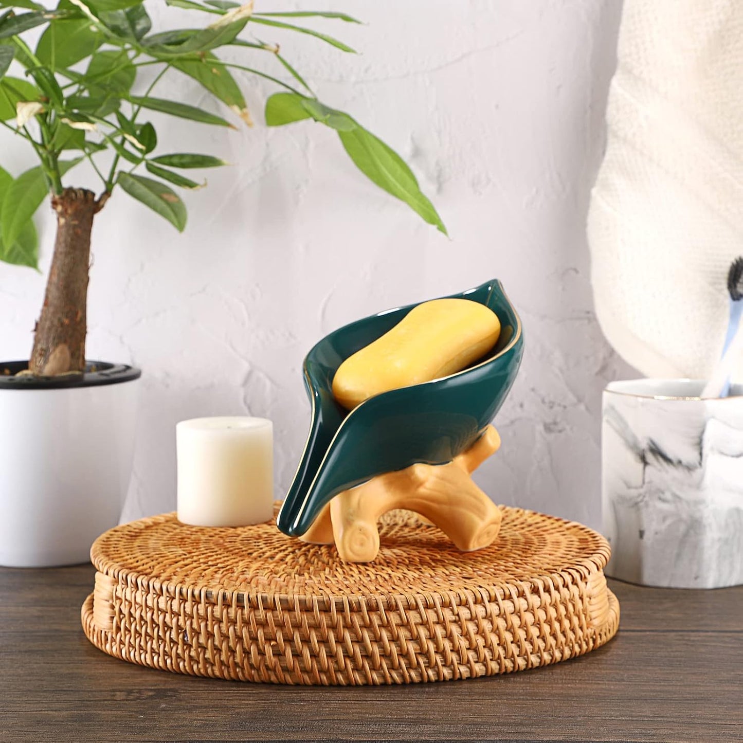 Ceramic Soap Dish Holder Self Draining / Green