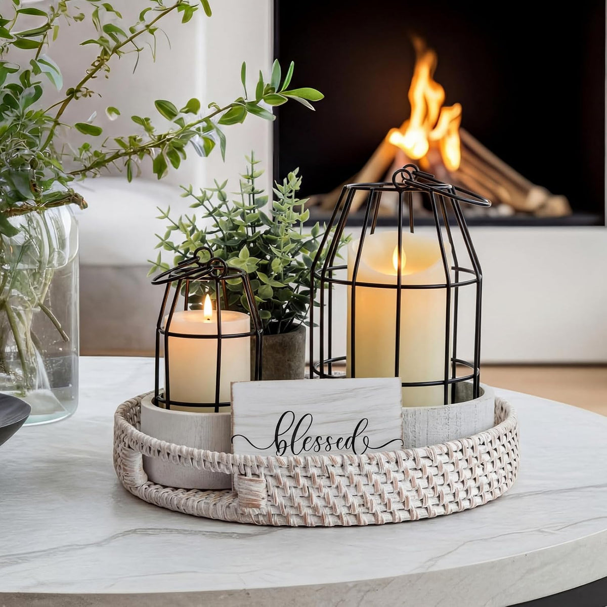 Modern Rustic Farmhouse Candle Lantern Set of 5, Small, Black, White | Decorative Lanterns Centerpieces with Tray for
