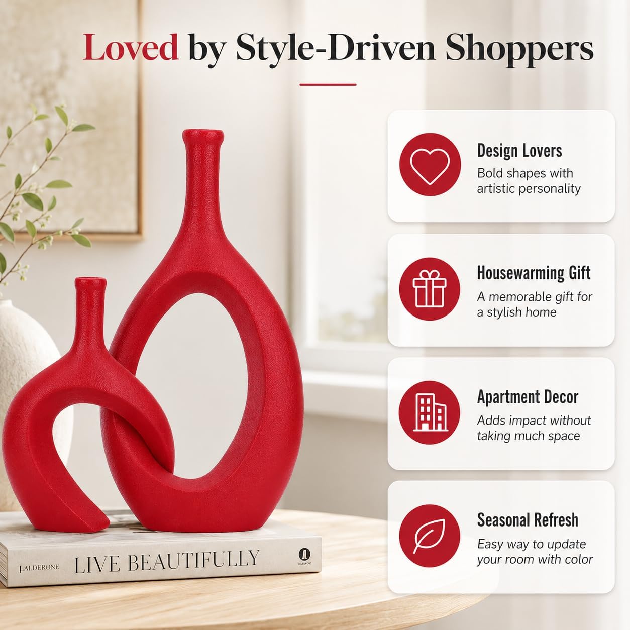 Modern Snuggle and Huging Style Ceramic Vase for Pampas Grass / Red / Set of 2