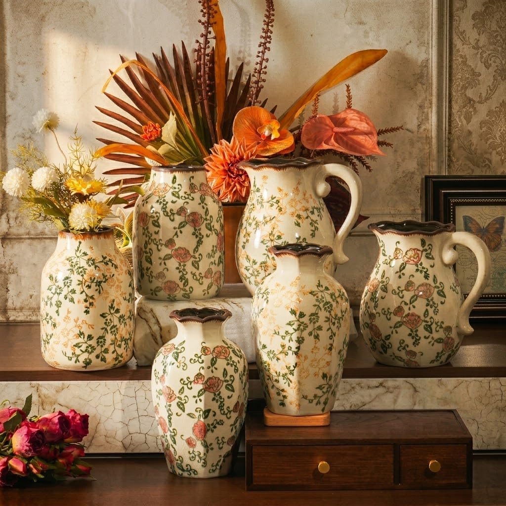 Vintage Ceramic Vase / Beige and Red-001 / 8.2 Inch