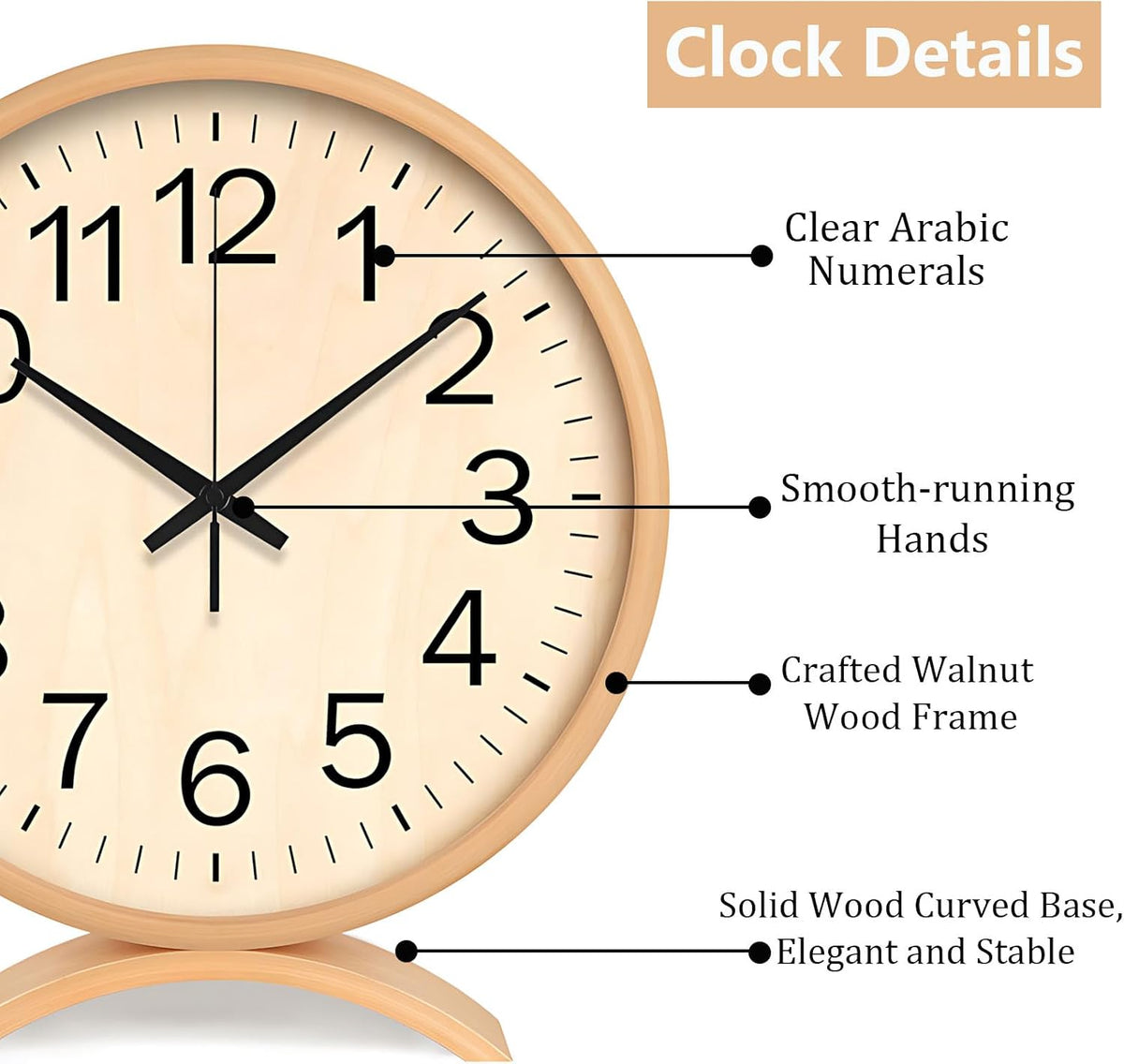 Maxspace Table Clock-8 Inch Silent Non-Ticking Wooden Timepiece Desk Clock, Battery Operated Decor Round Clock for