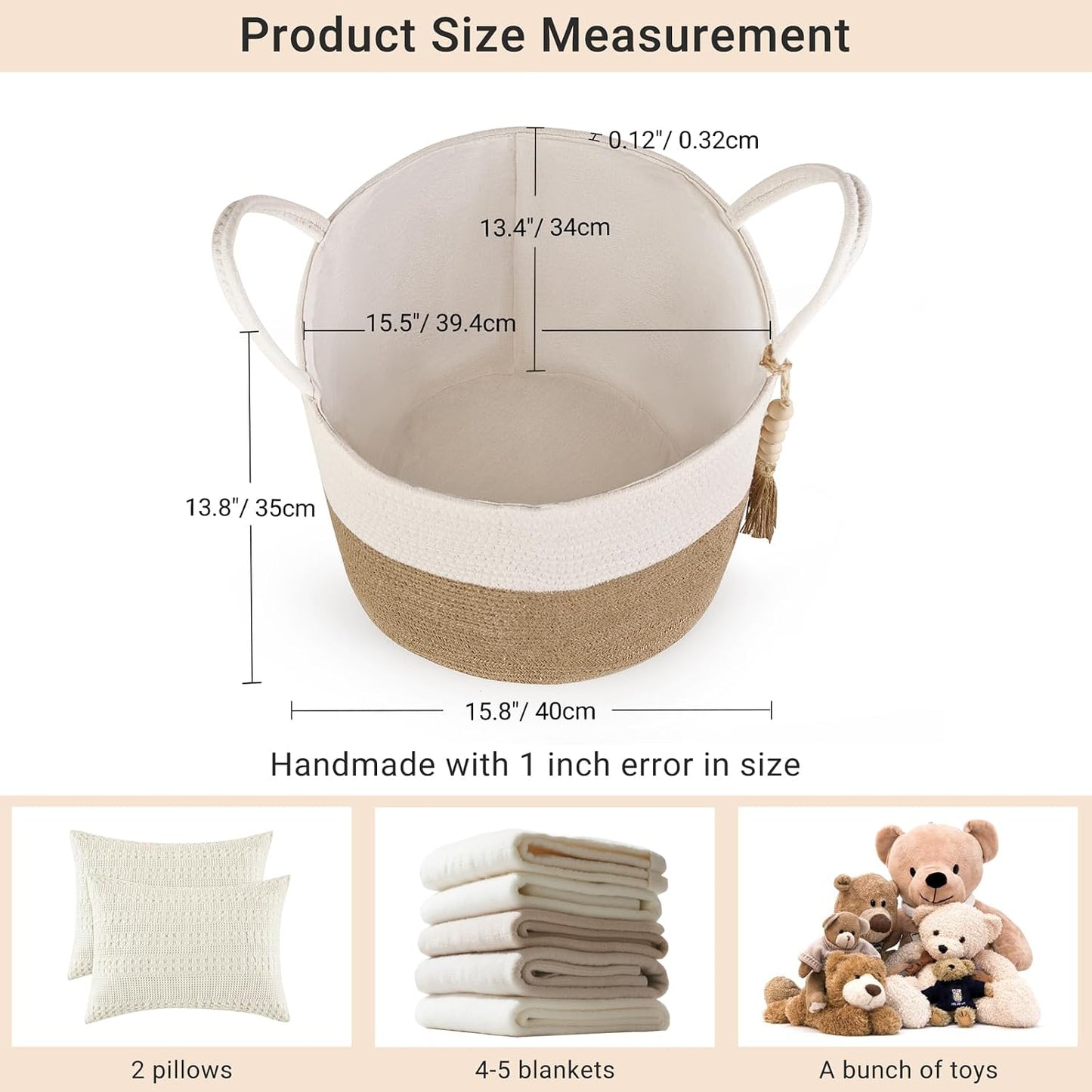 Woven Storage Basket Decorative Natural Rope Basket Wooden / Cream White and Brown / 16" W x 13.8"L