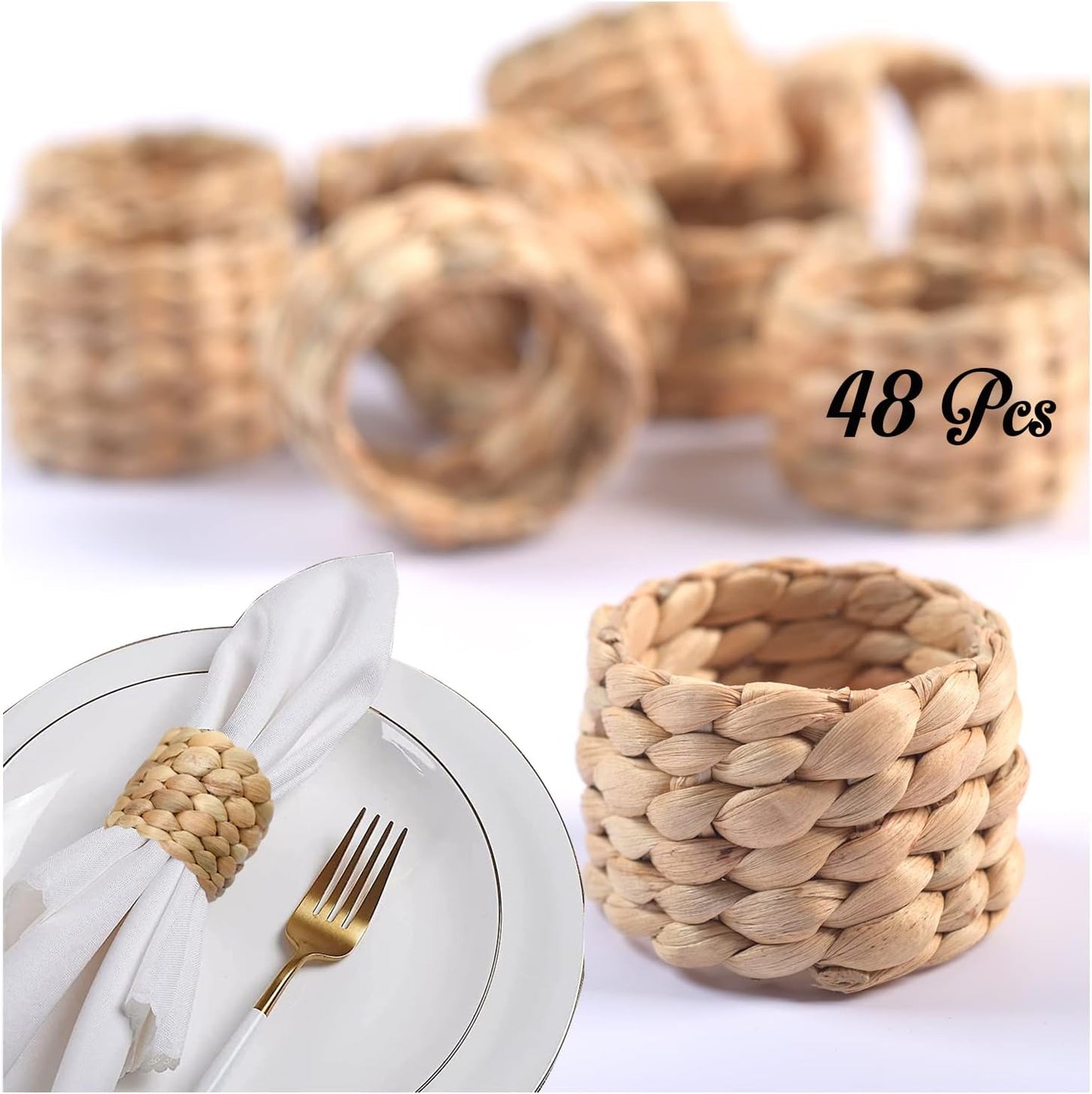 48 Pcs Boho Napkin Rings Bulk, Woven Water Hyacinth Napkin Ring Set of 48 for Wedding Reception, Thanksgiving &