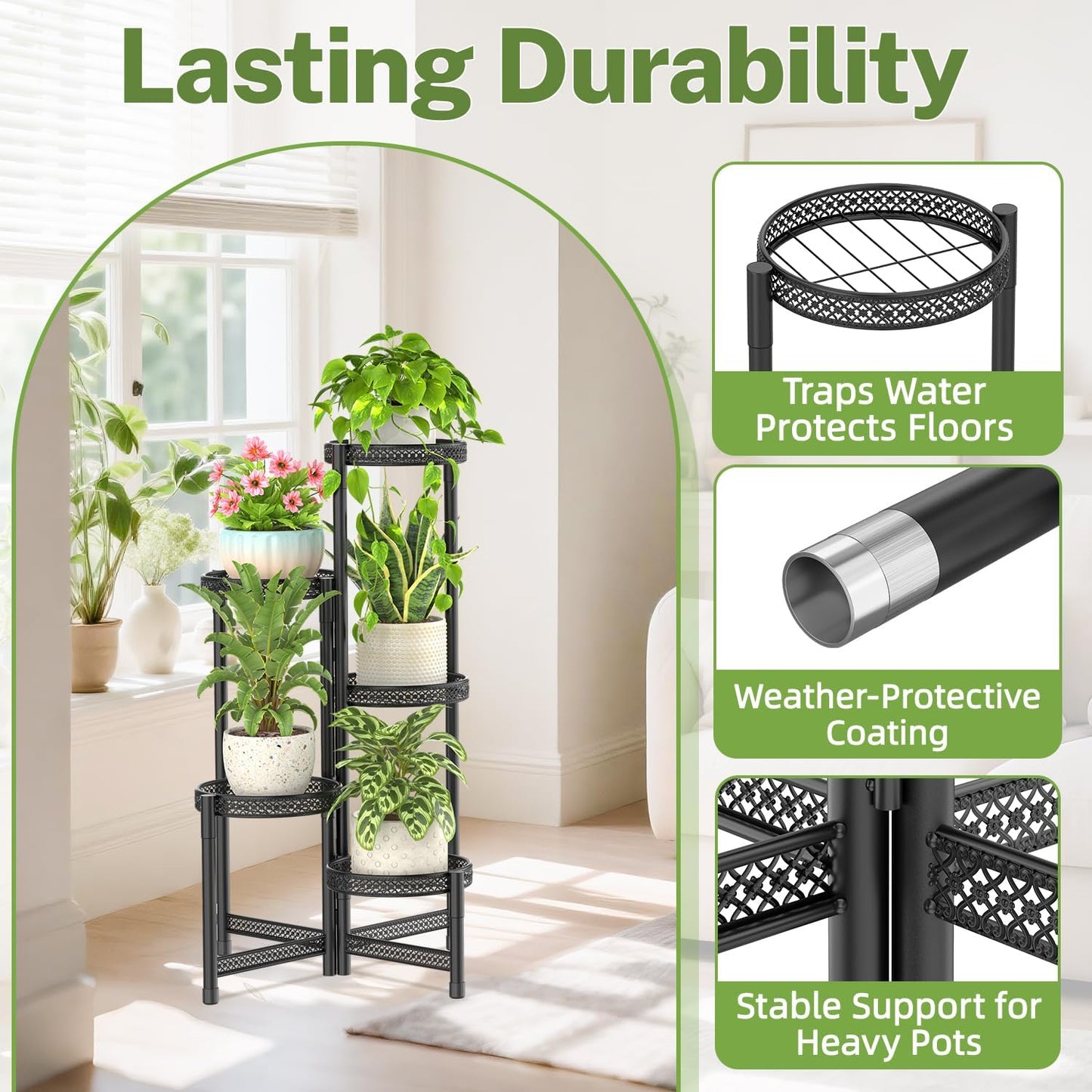 iDavosic.ly Plant Stand Indoor Outdoor, 5 Tier Iron Corner Shelf, Black | Tiered Tall Flower Display Holder, Folding