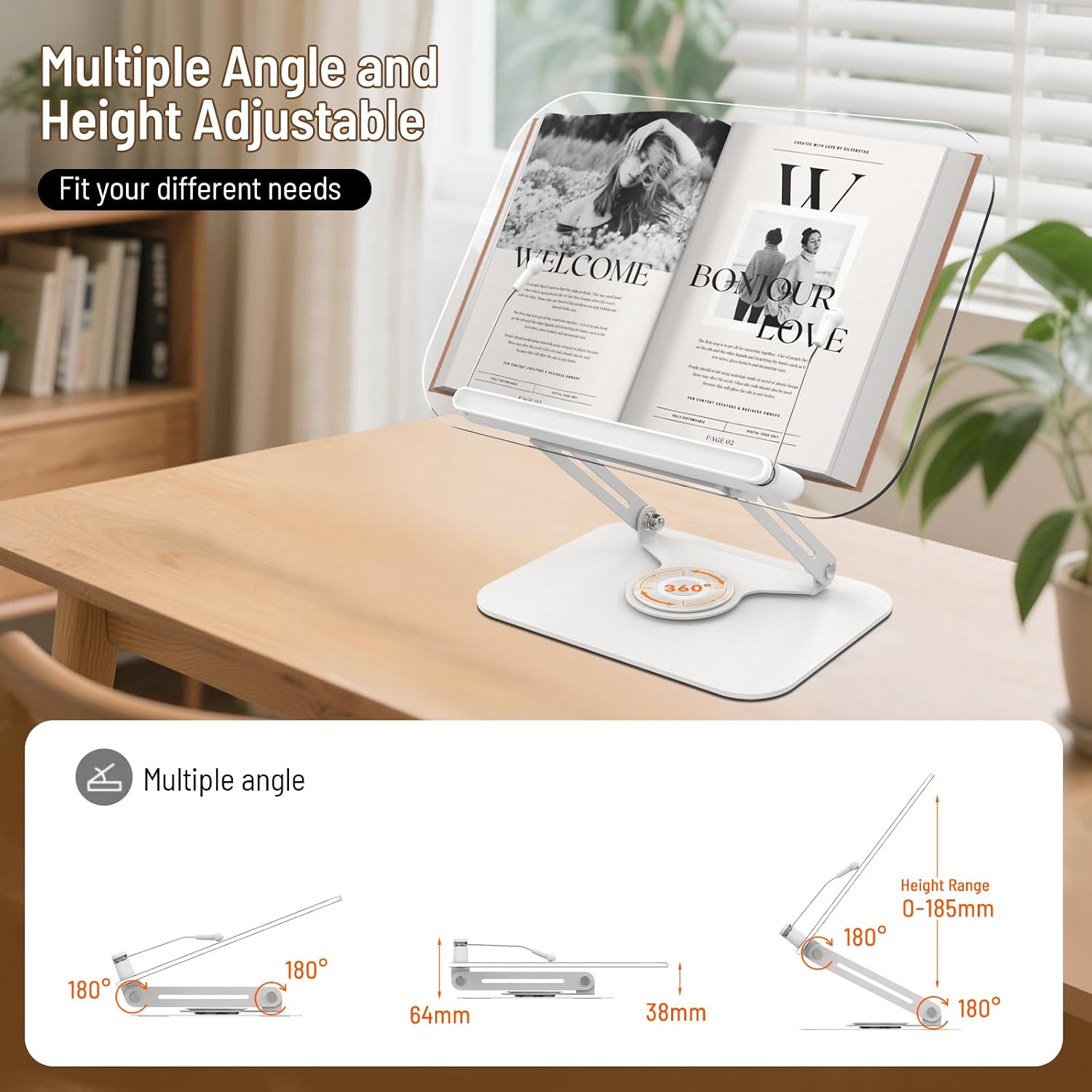 Acrylic Book Stand for Reading Hands Free - Adjustable 360° Rotating Cookbook Holder with Elastic Page Clips & Foldable