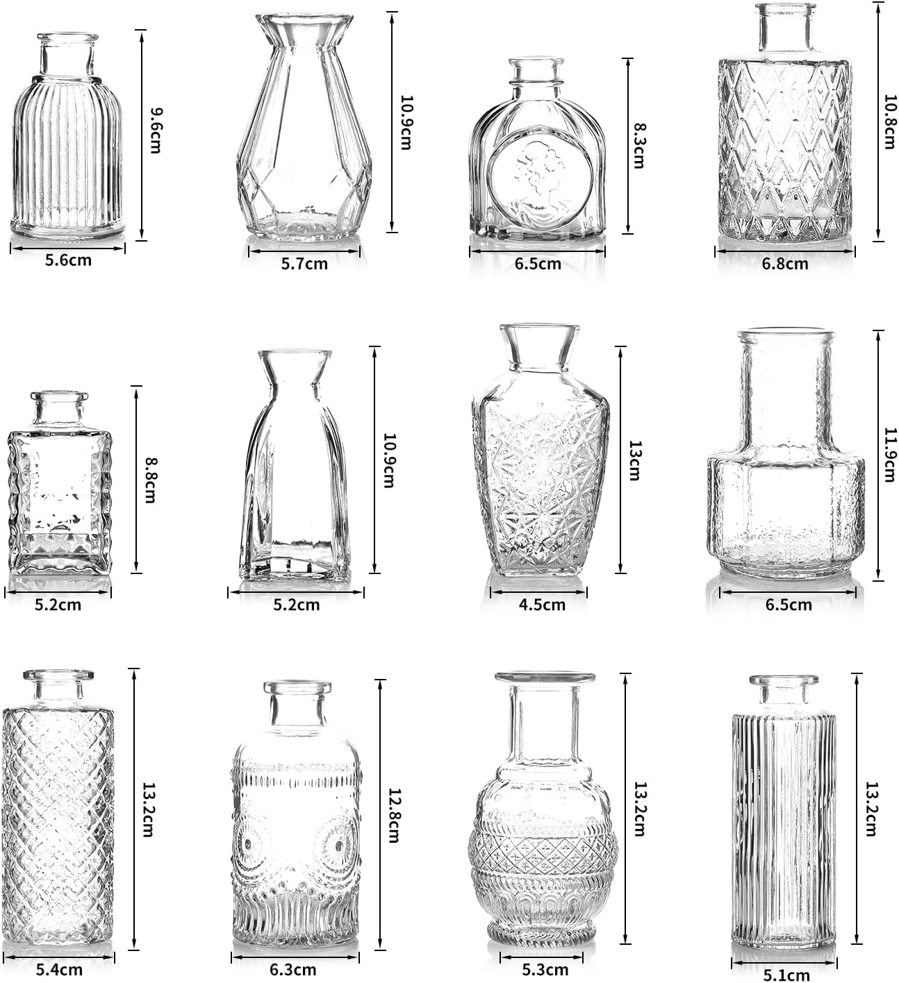 Small Mini Glass Vases for Centerpieces / Clear / Set of 12