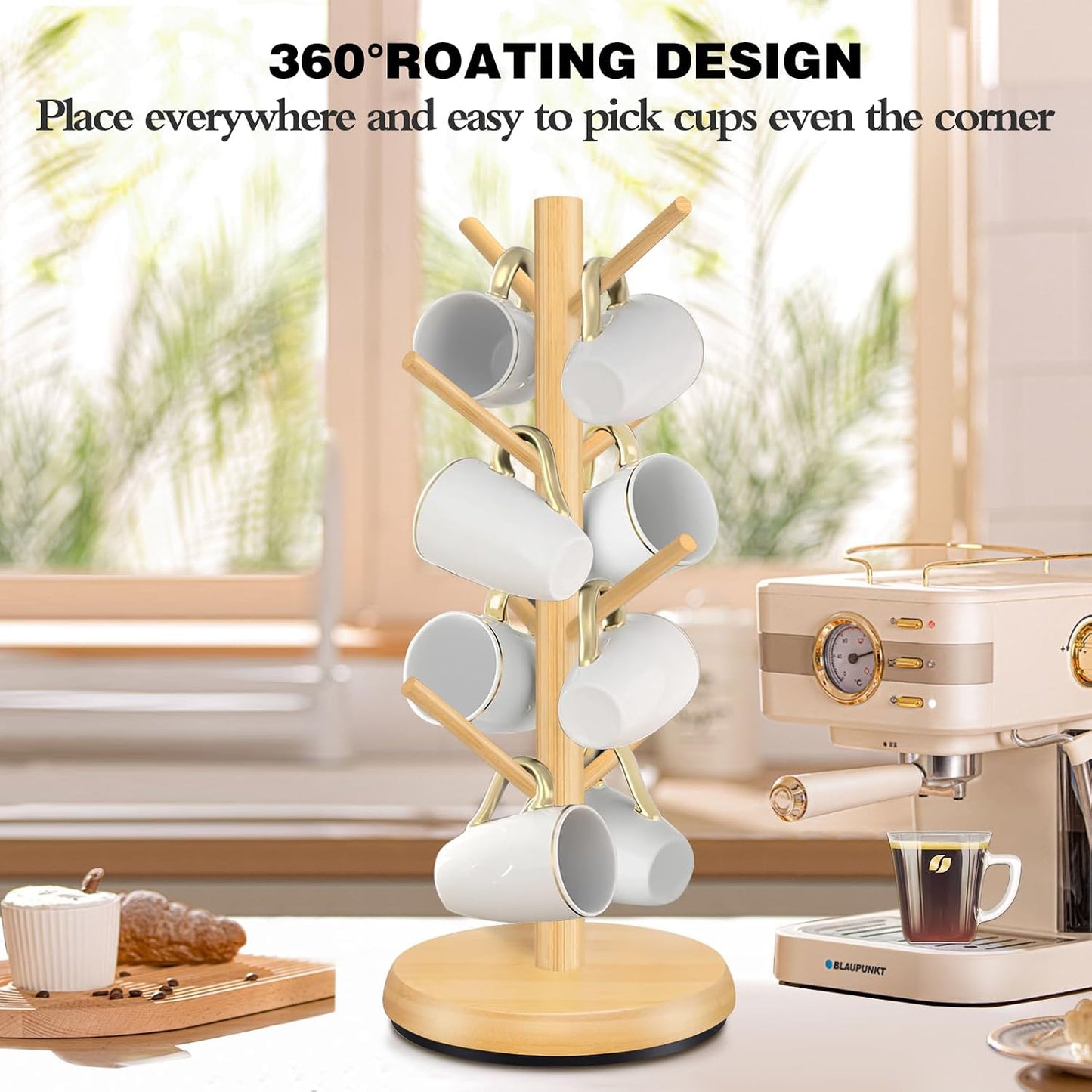 Mug Holder Tree,New Upgraded 360° Rotated 8 Hooks Coffee Cup Holder for Counter,Wood Coffee Mug Rack Standing for Coffe