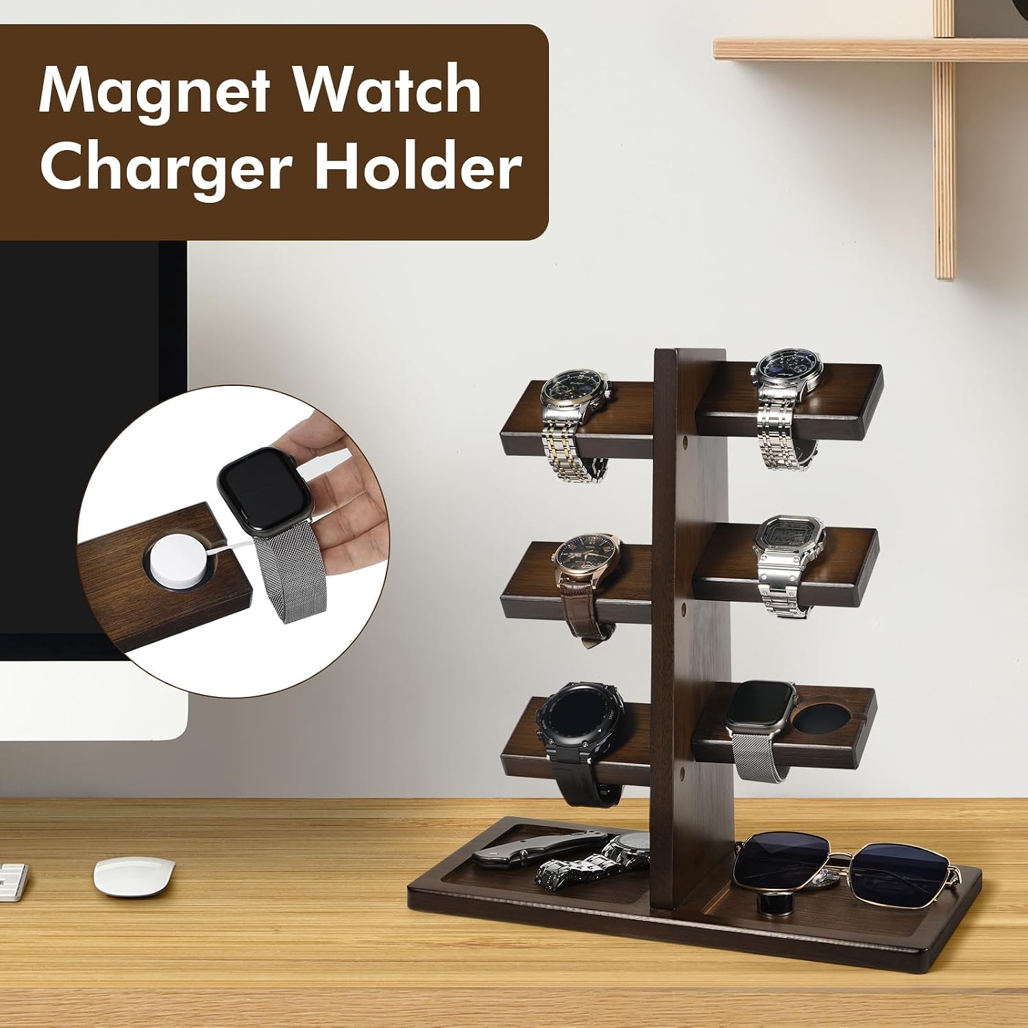 ikkle Watch Holder Stand with Charging Station Wooden Watch Display Tower Jewelry Organizer for Rings, Coins Bracelets