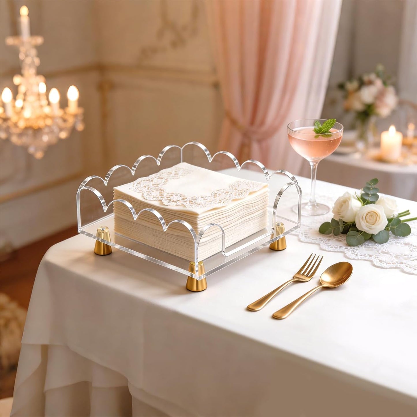 Scalloped Acrylic Napkin Holder / 7.3 x 7.3 x 3.3 / Clear